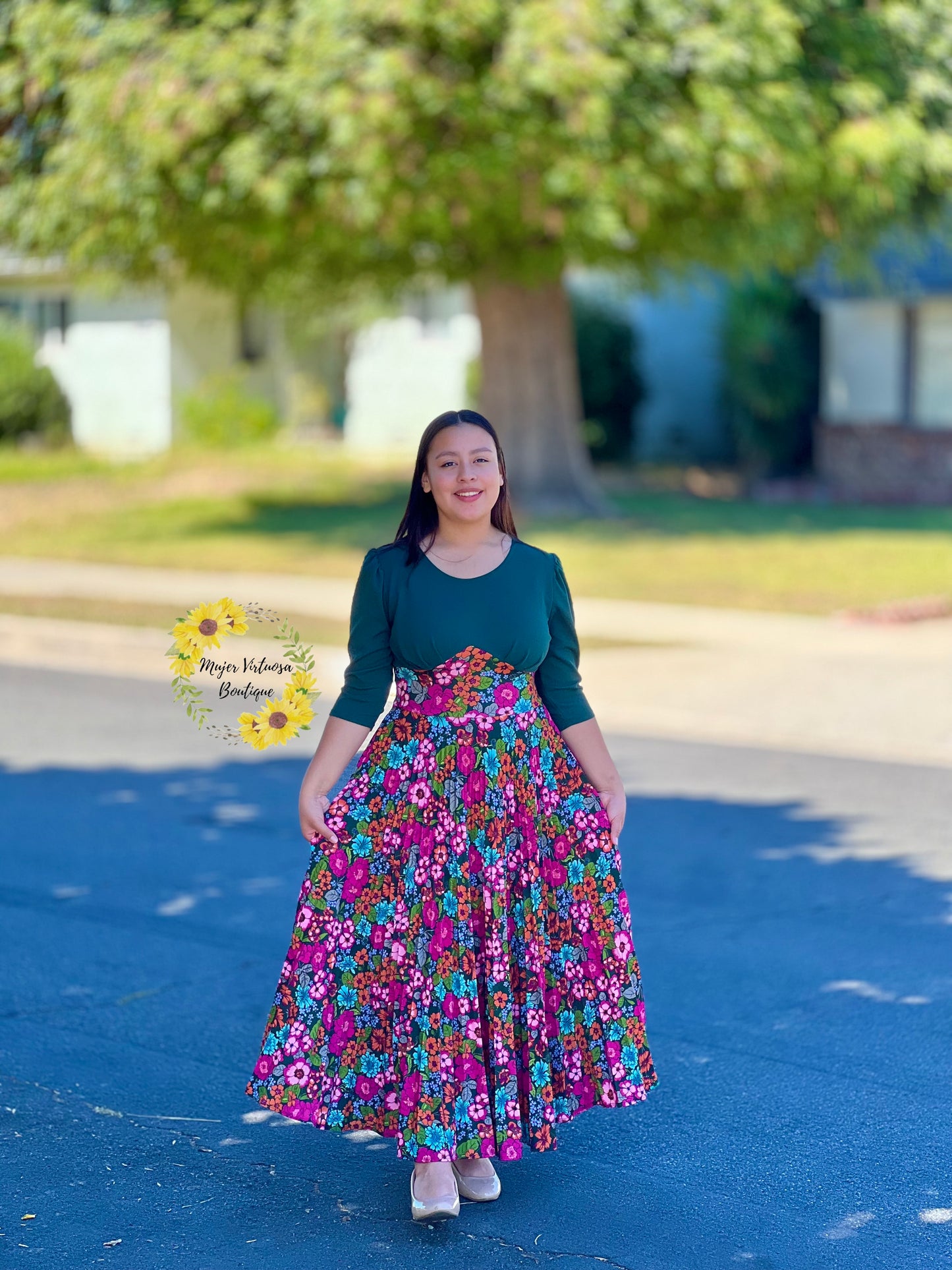 Cristel Green & Pink Floral Pleated Dress