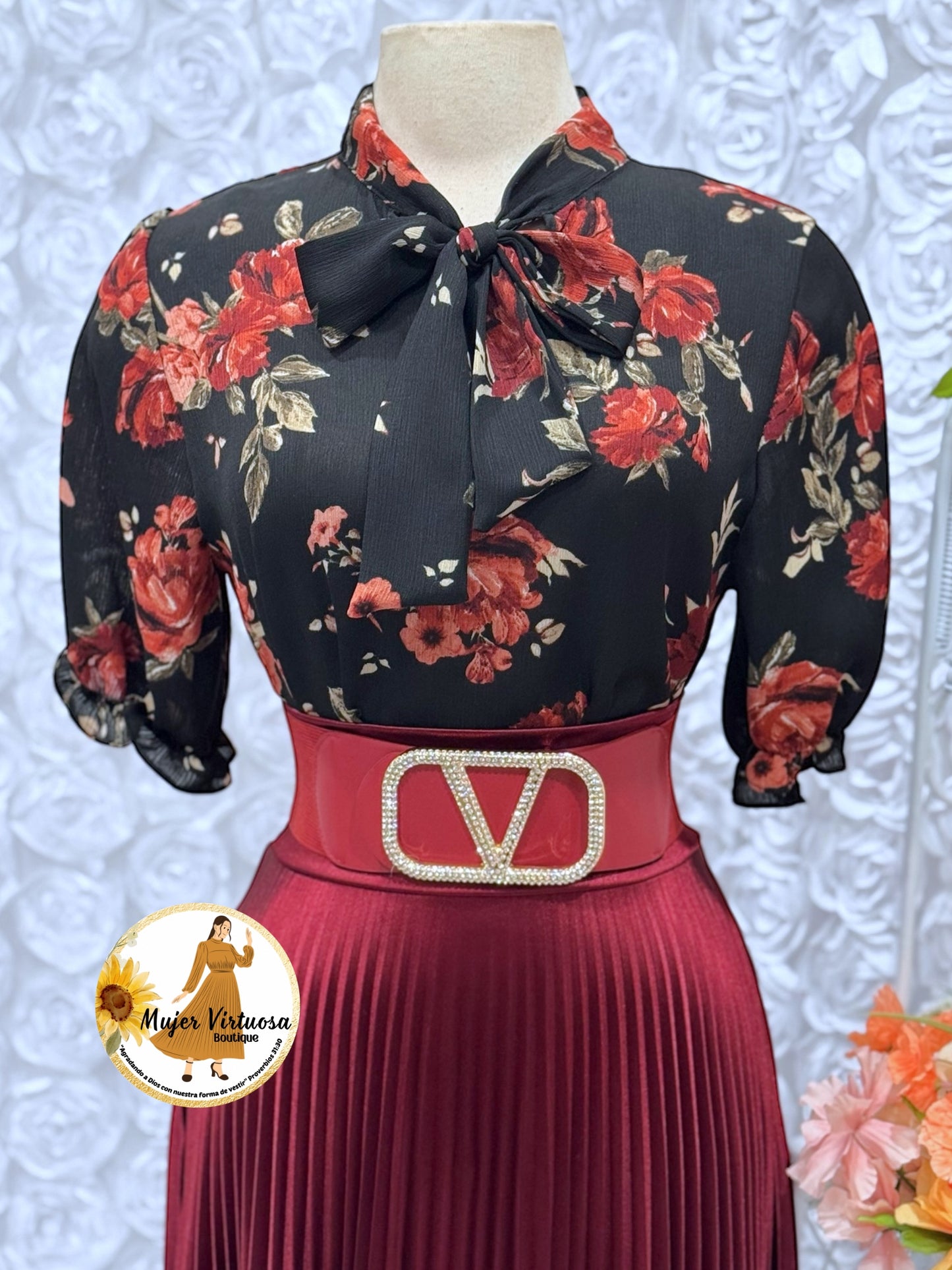 Burgundy Pleated Satin Skirt