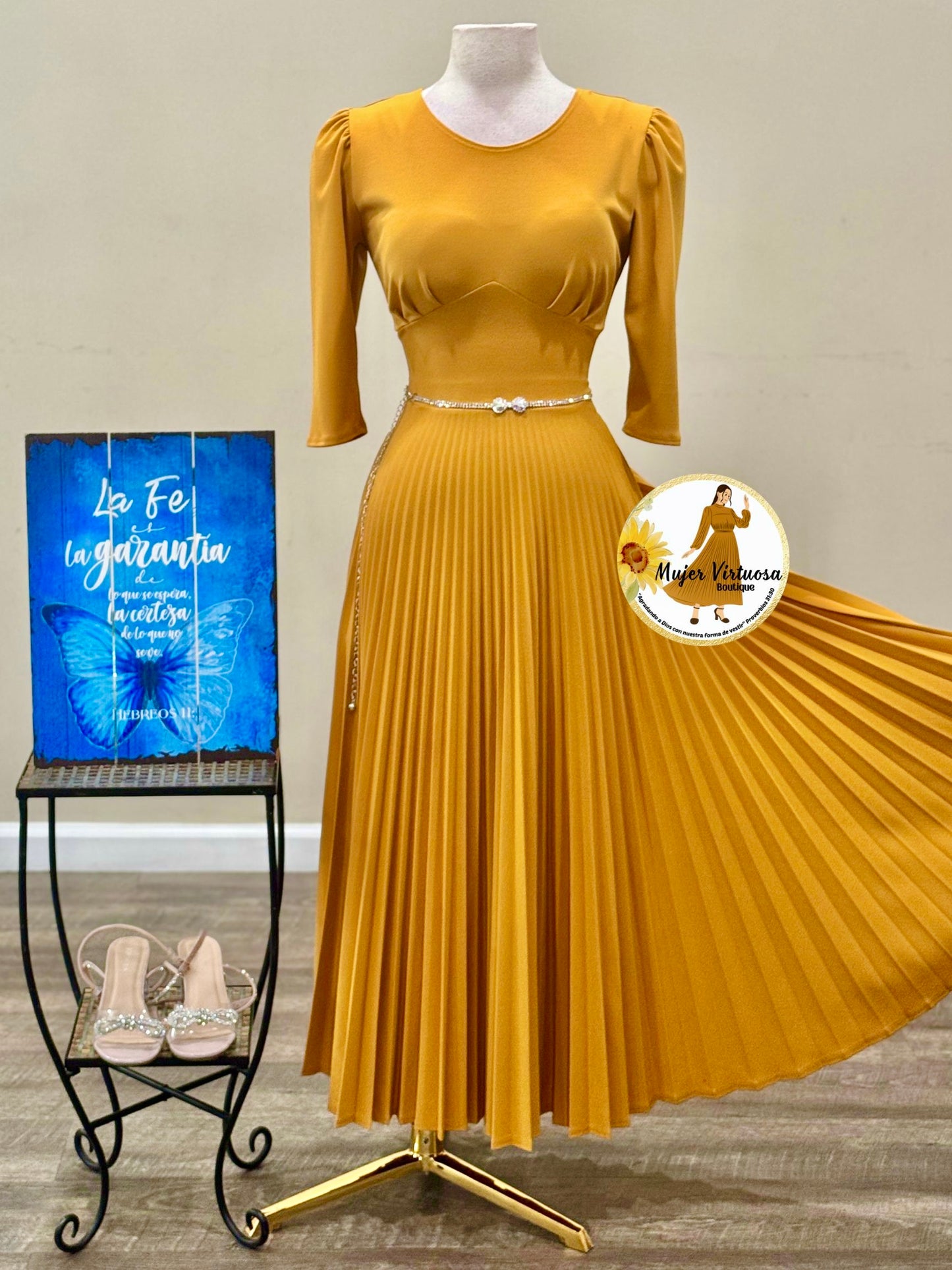 Cristel Mustard Pleated Dress