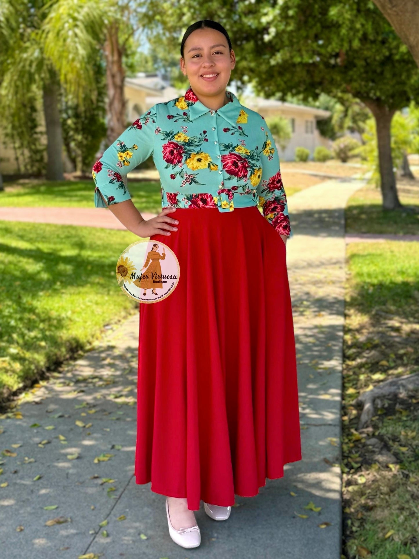 Hadassah Sage & Red Belted Floral Dress