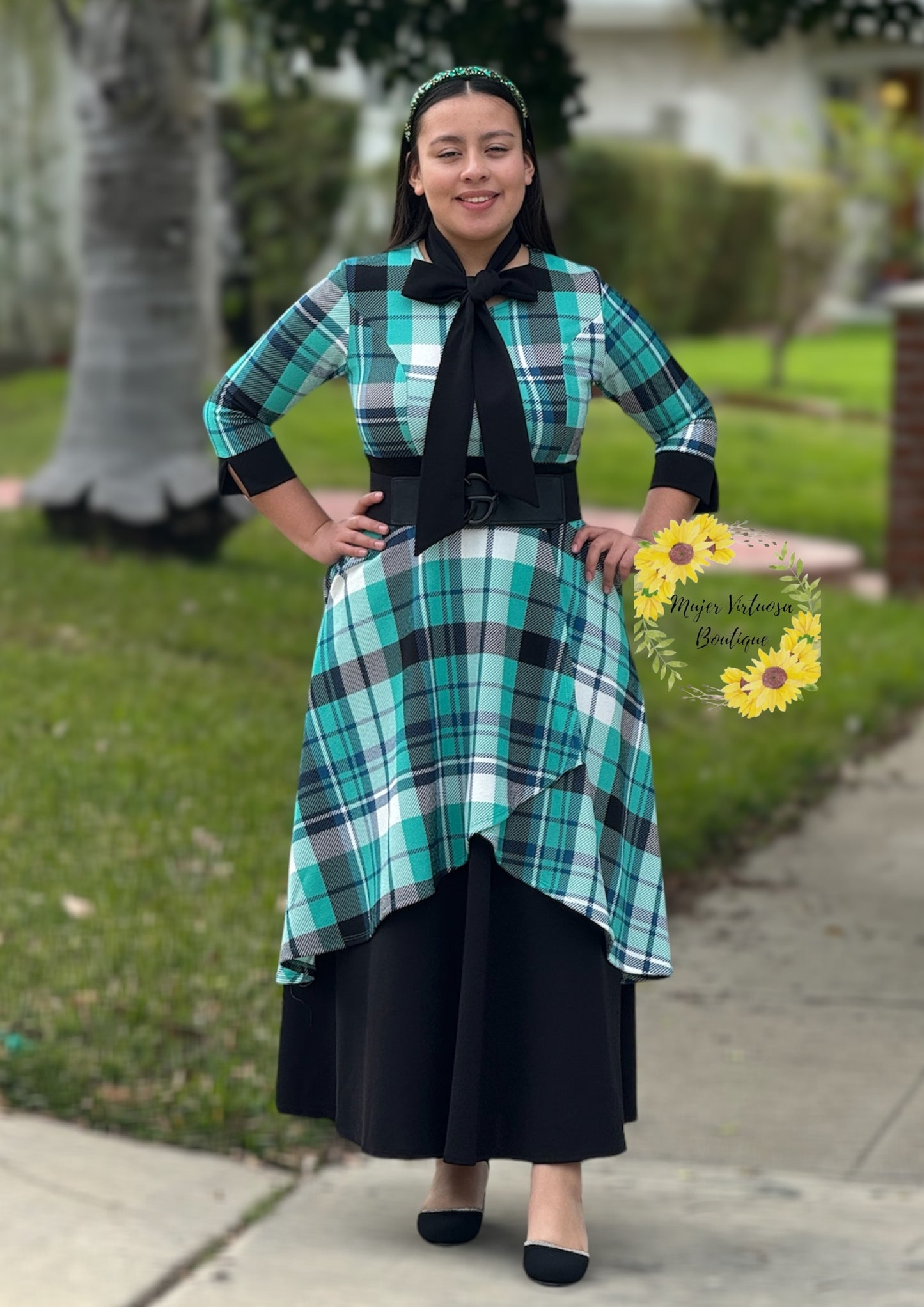 Oriana Menta Plaid Dress