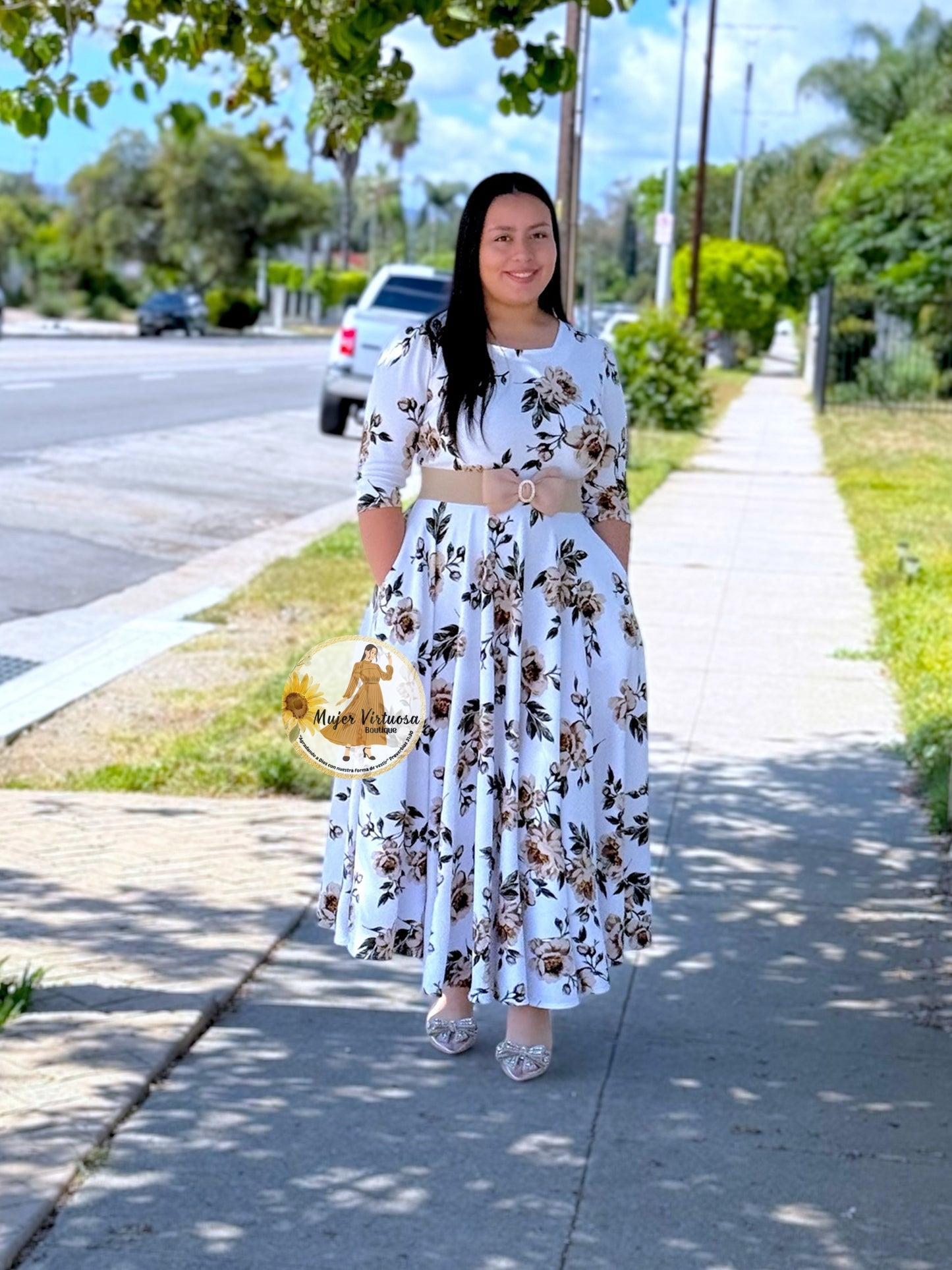 Eunice White & Mocha Flowers Dress