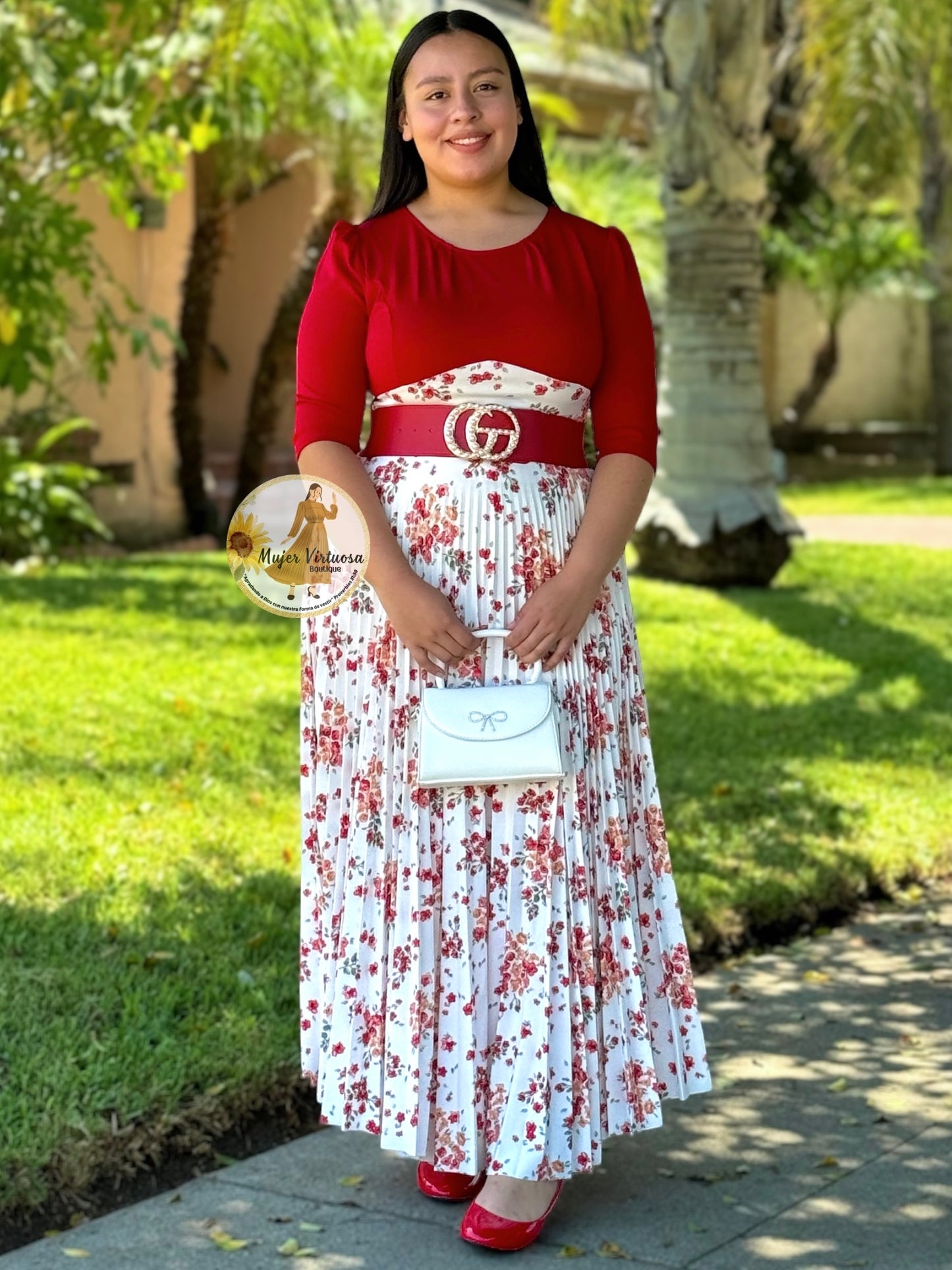 Red & White Floral Pleated Dress