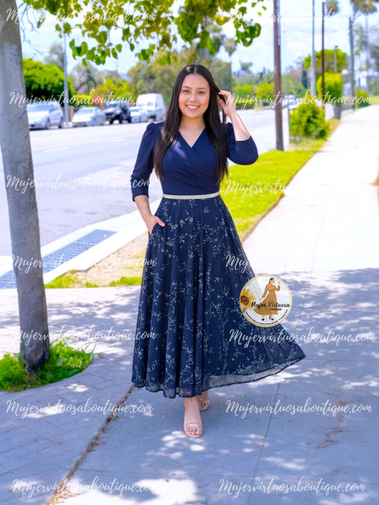 Eva Navy Crepe & Mesh Dress