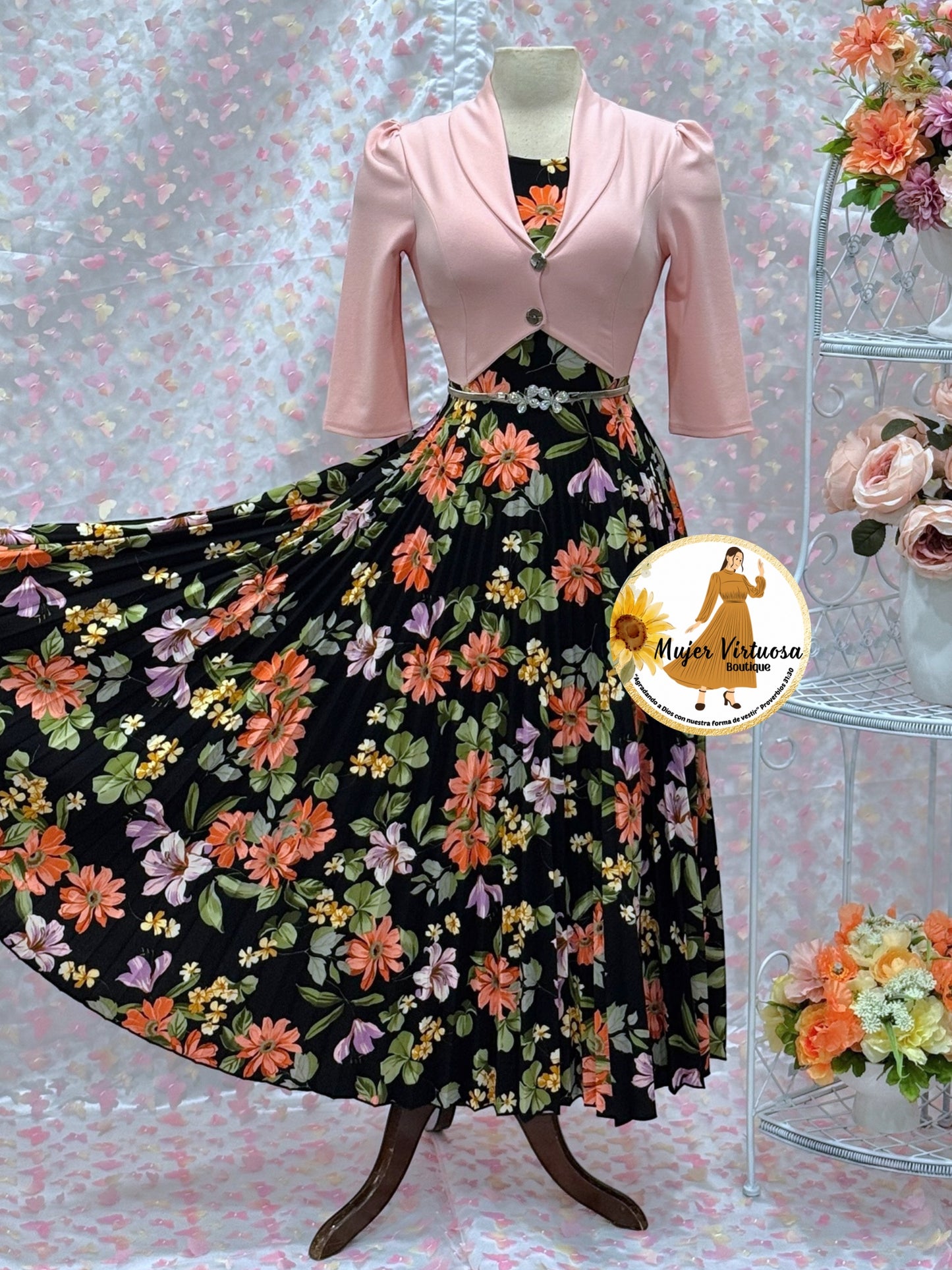 Milena Pink/Black Pleated Dress