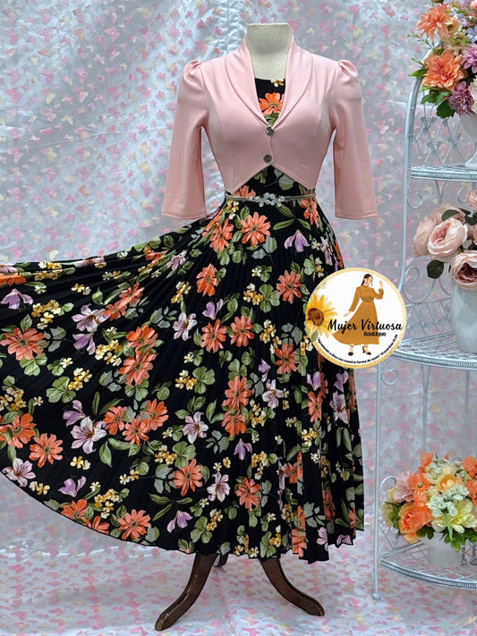 Milena Pink/Black Pleated Dress