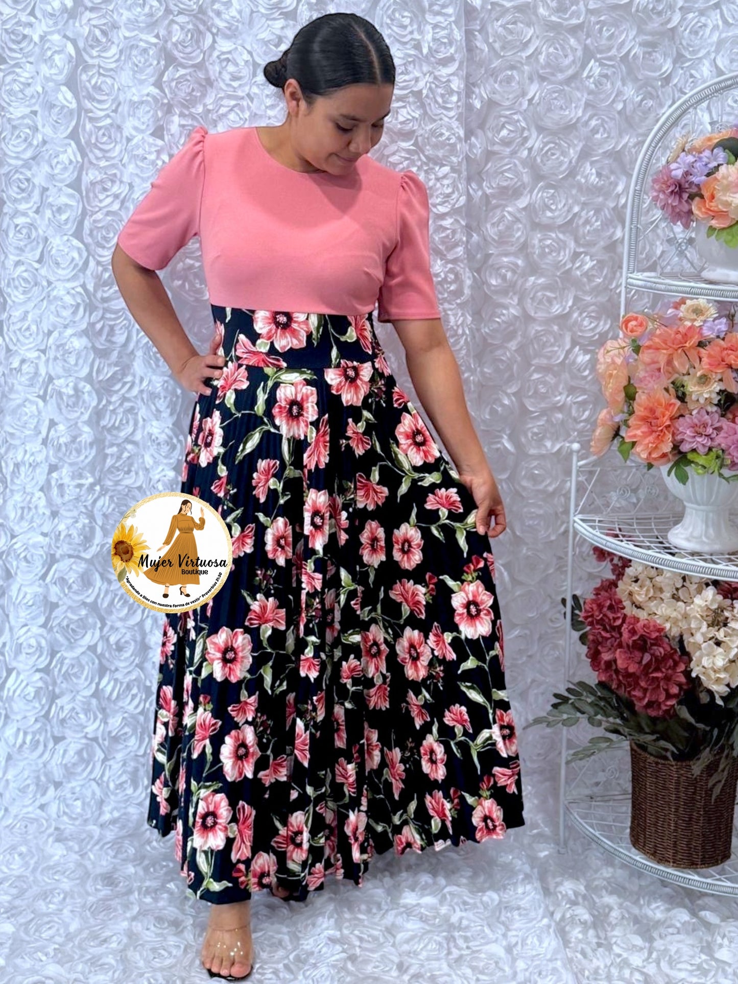 Eliana Pink & Navy Pleated Dress