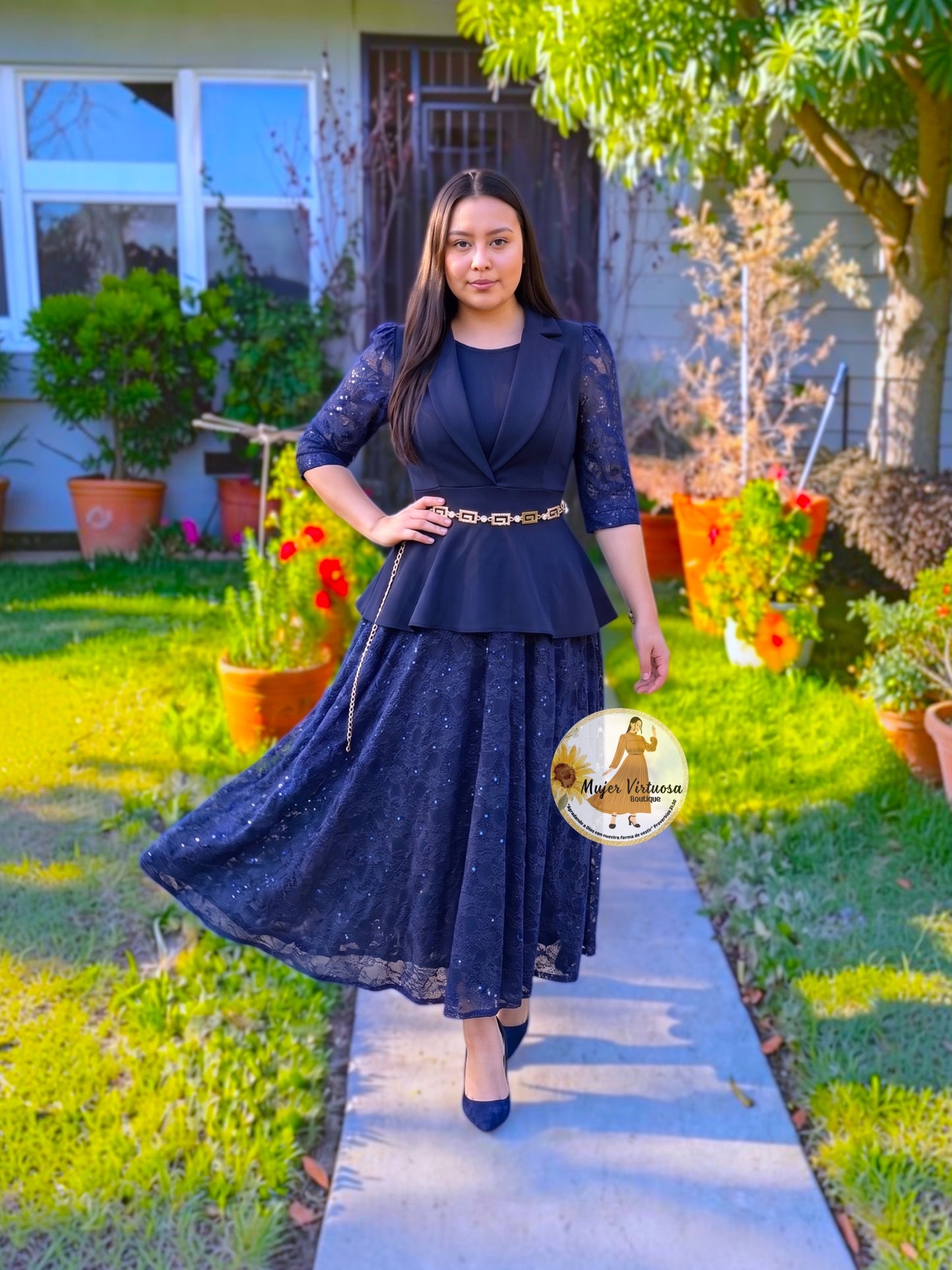 Mayra Navy Crepe & Lace Dress