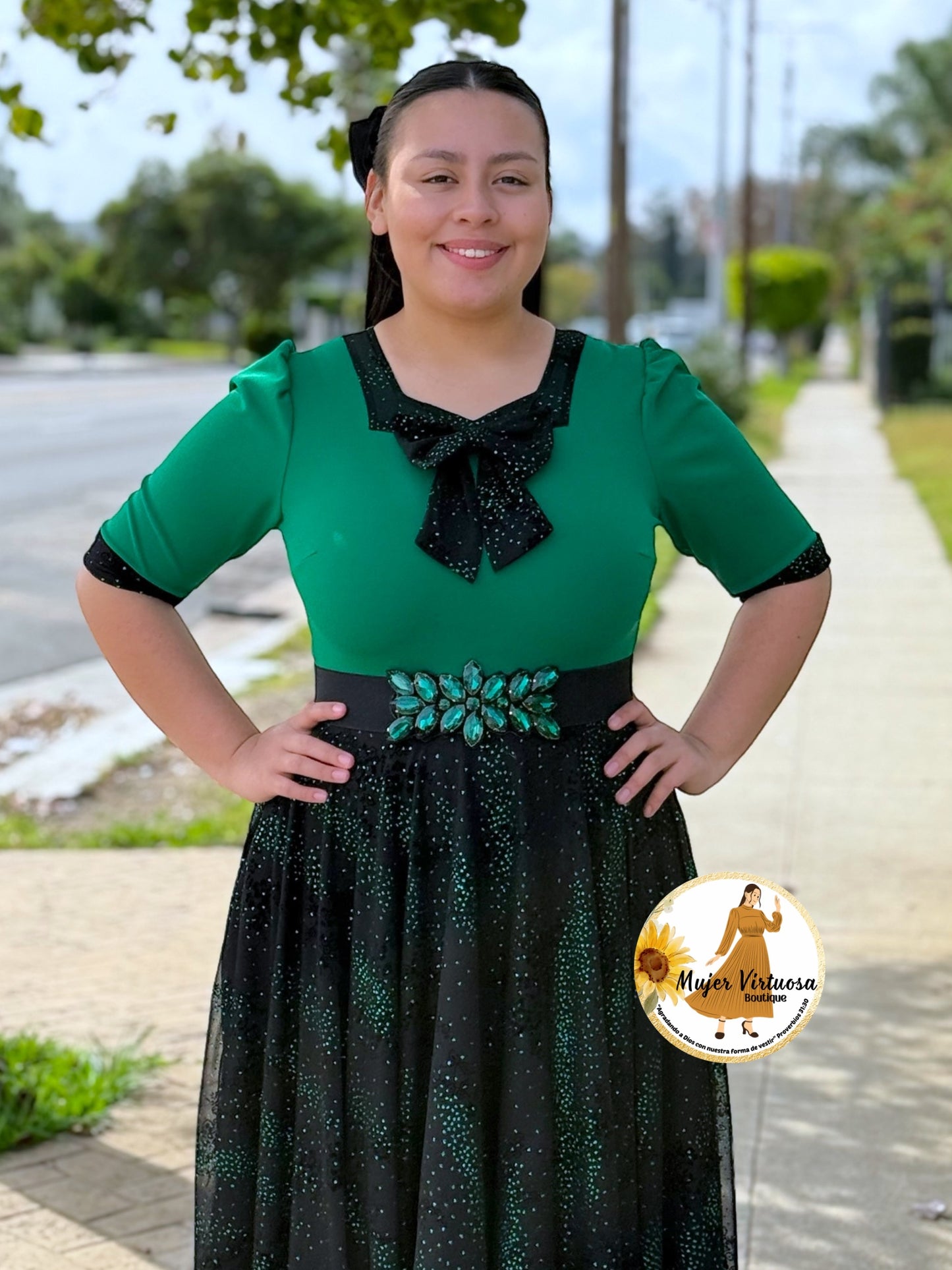 Madelyn Green Mesh Bow Dress