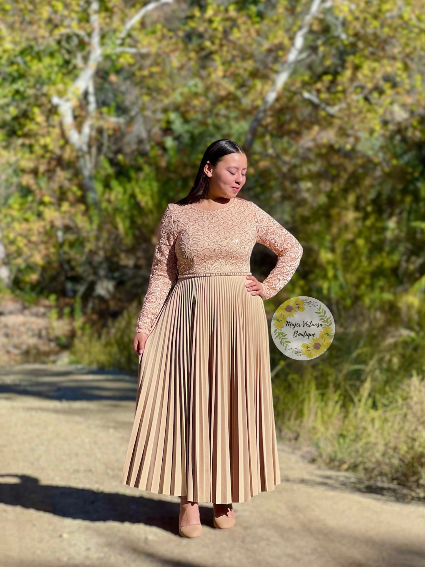 Alida Elegant Beige Pleated Dress