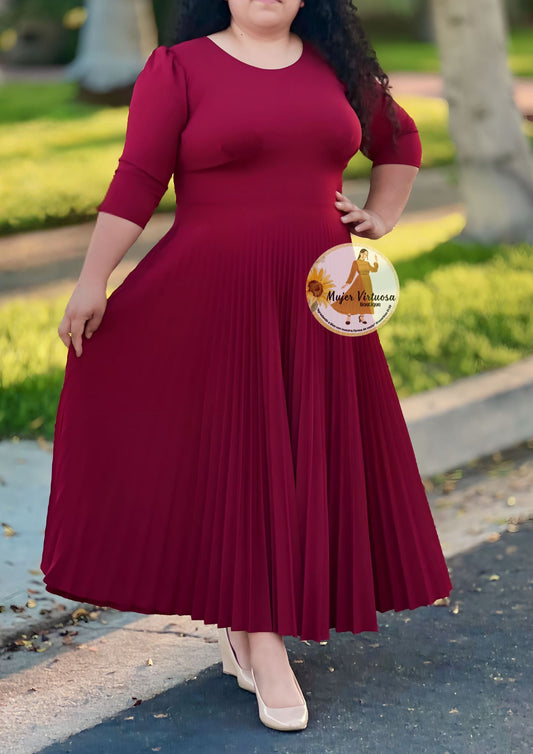 Cristel Burgundy Pleated Maxi Dress