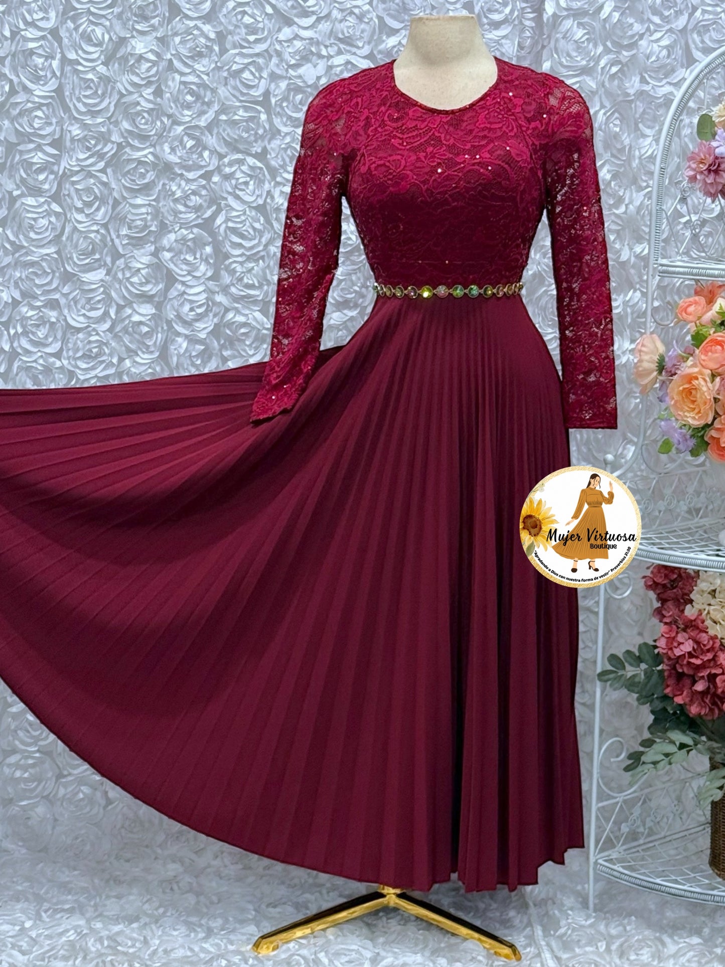 Arely Burgundy Lace & Crepe Dress