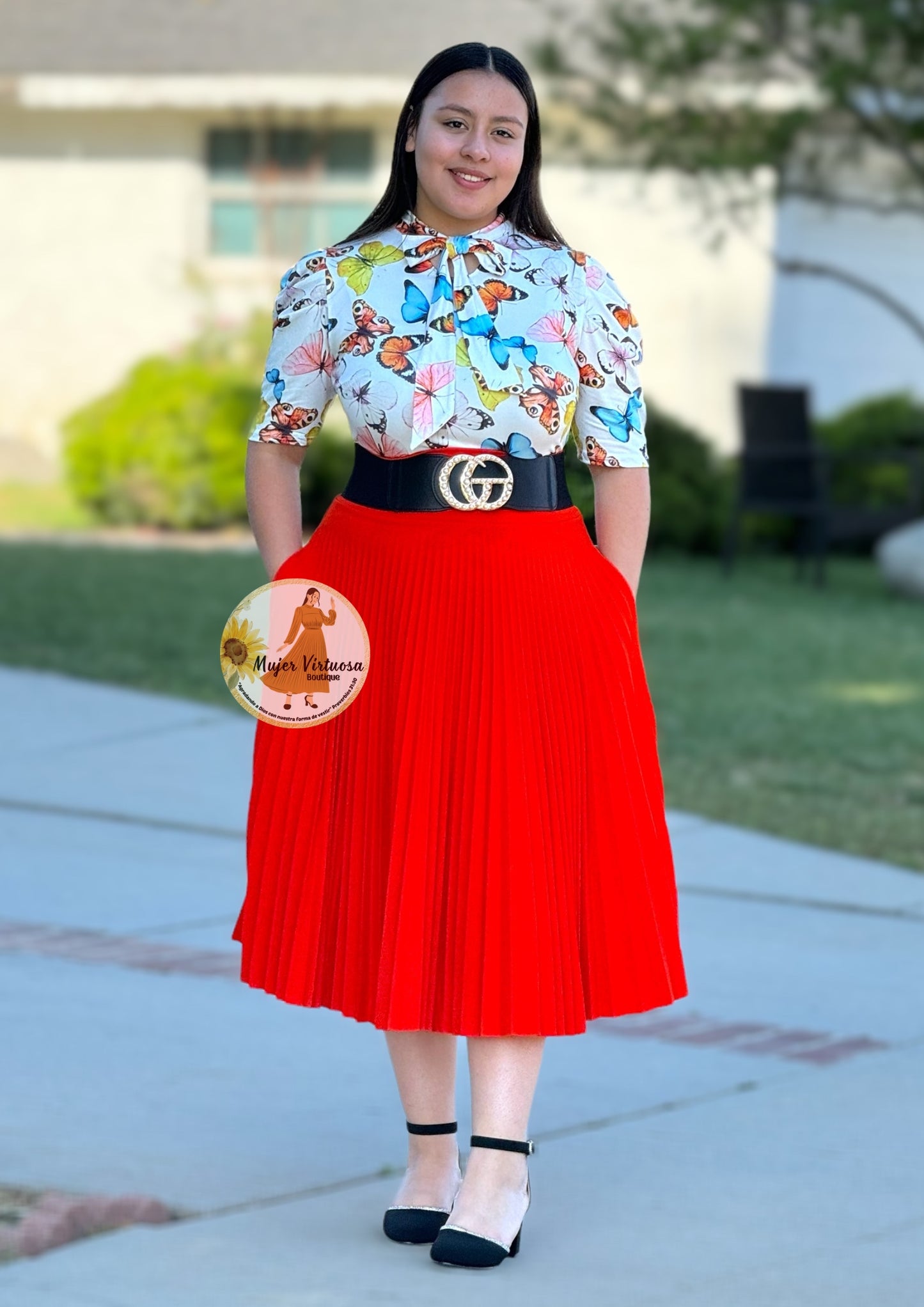 Orange Pleated Midi Skirt