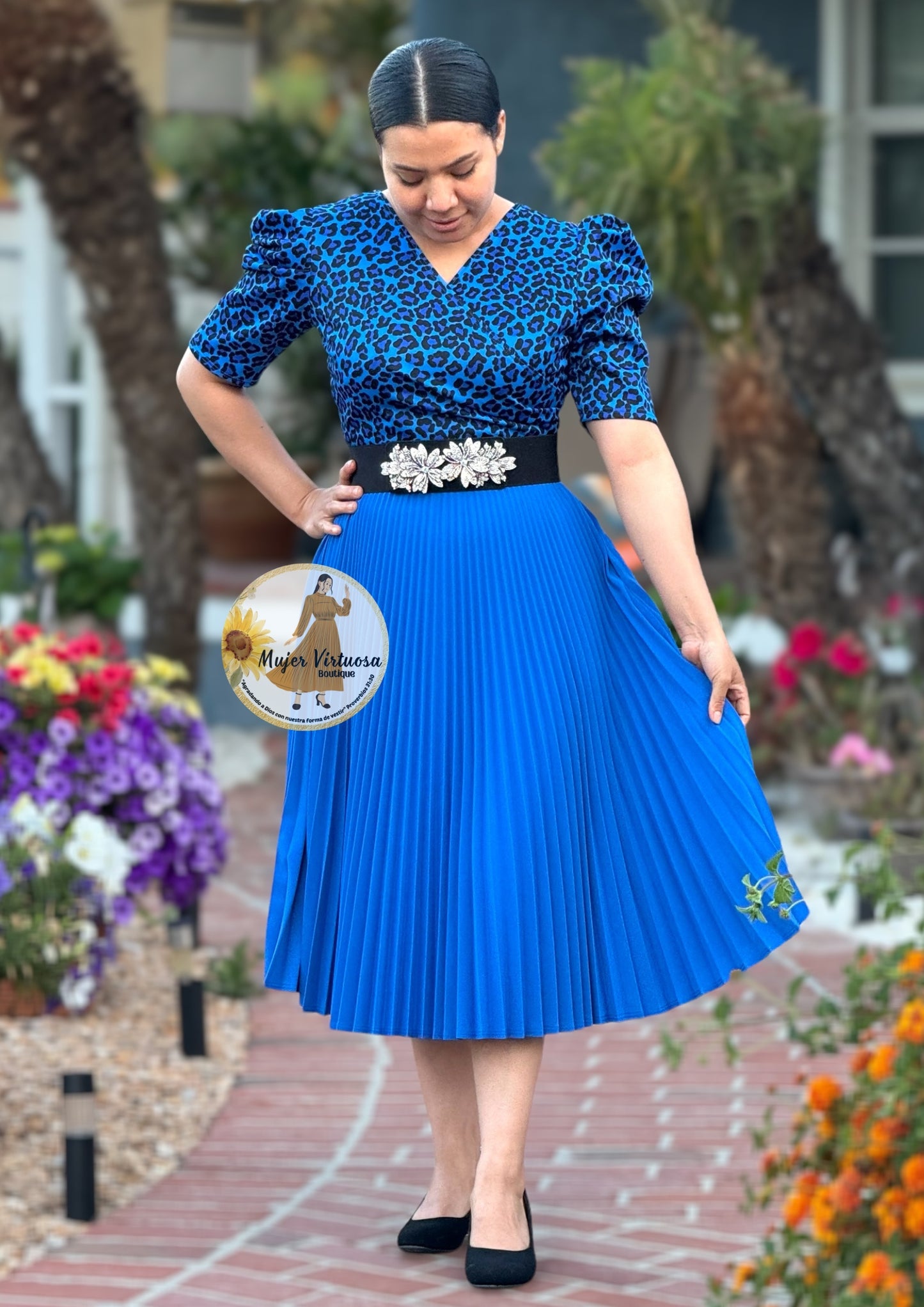 Royal Blue Animal Print Pleated Midi Dress