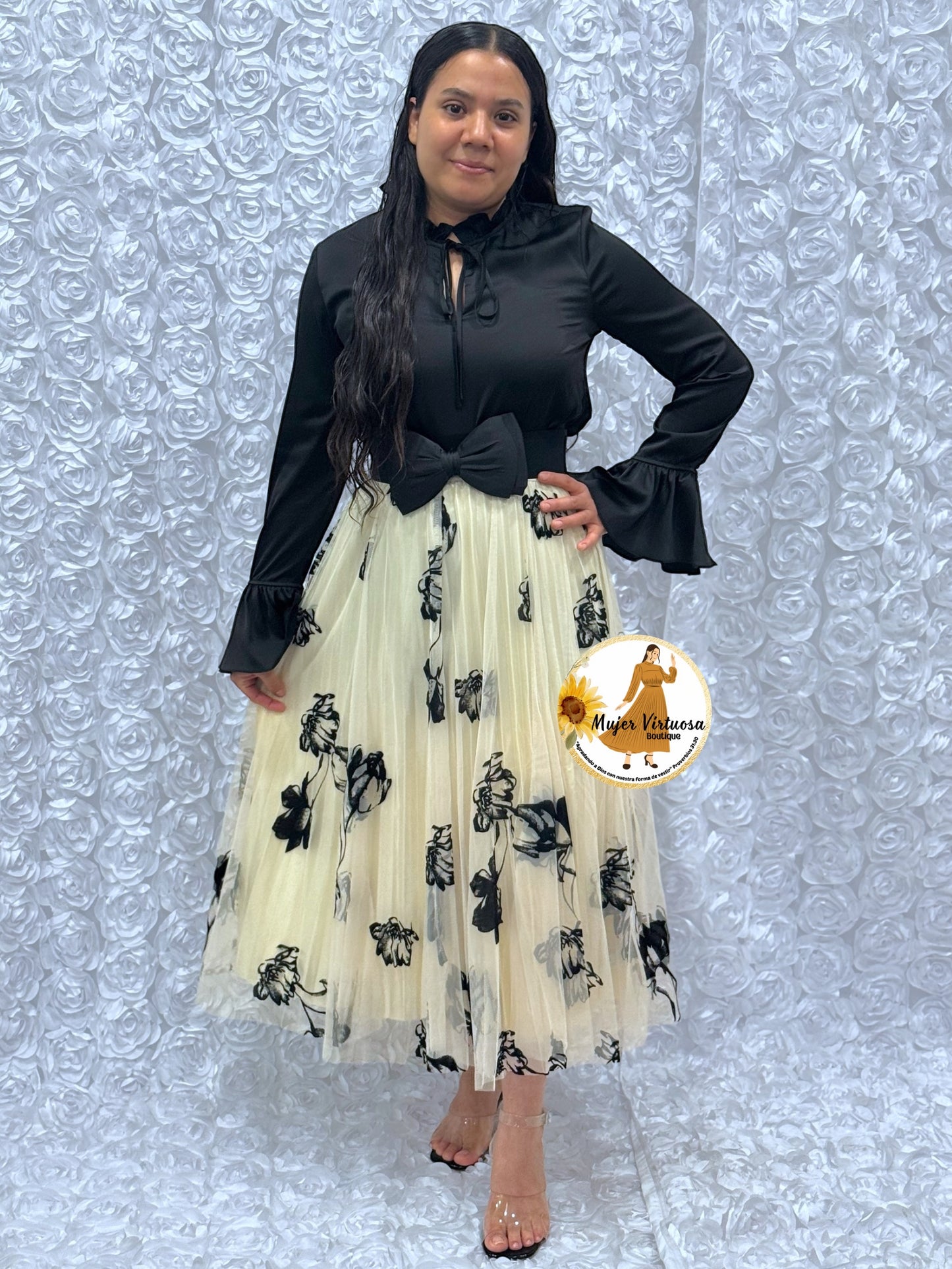 Ivory Floral Mesh Midi Skirt