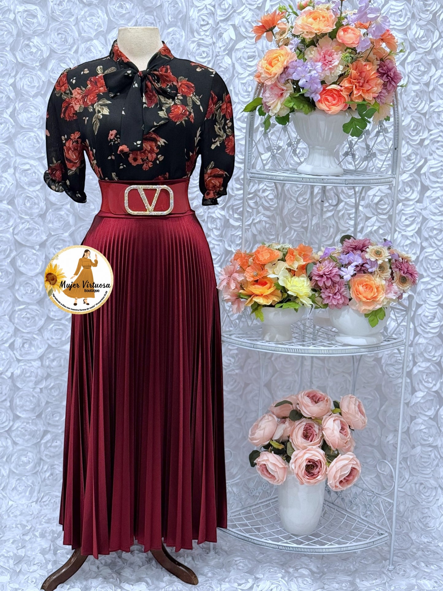 Burgundy Pleated Satin Skirt