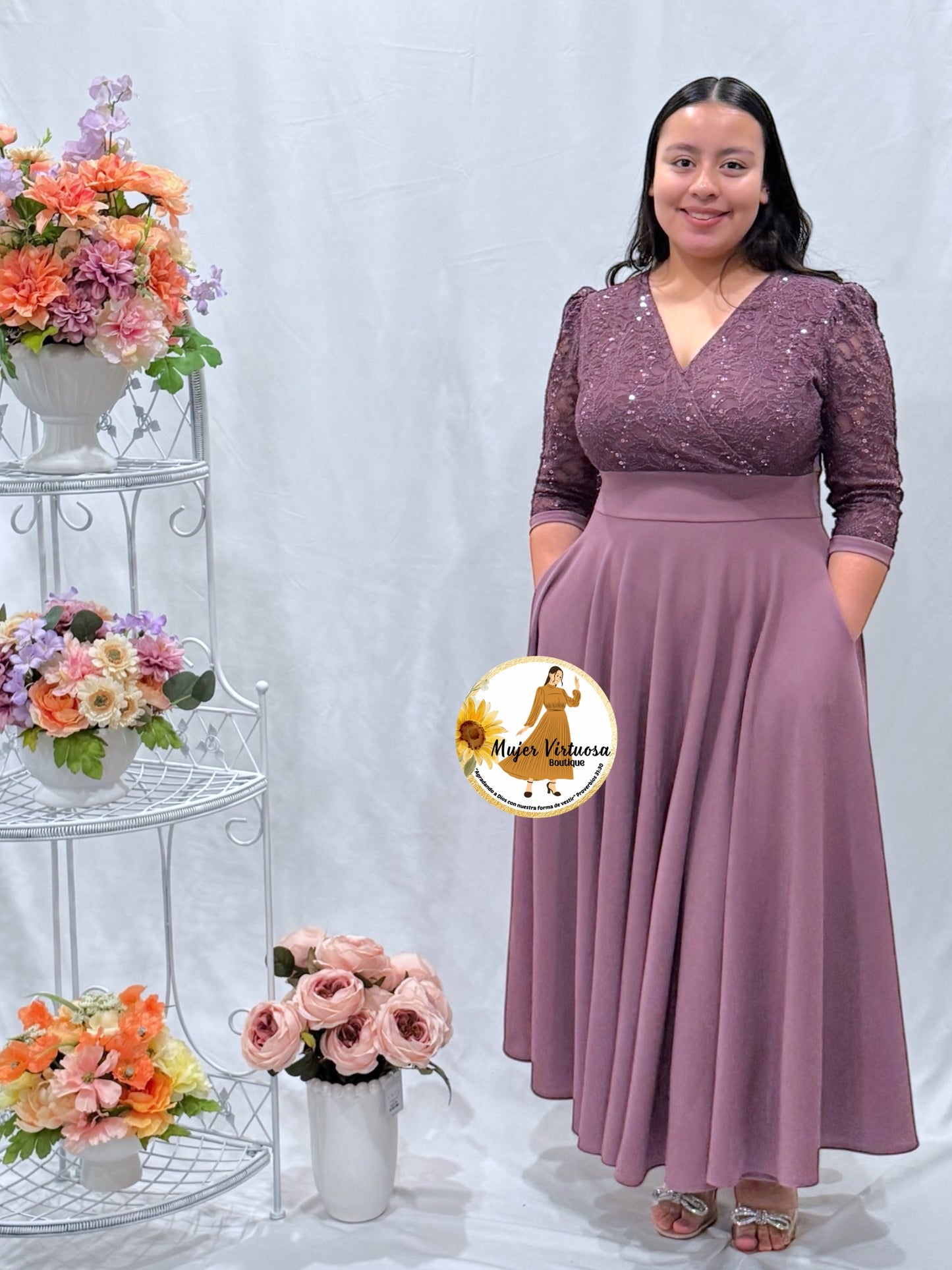 Débora Mauve Lace & Crepe Dress