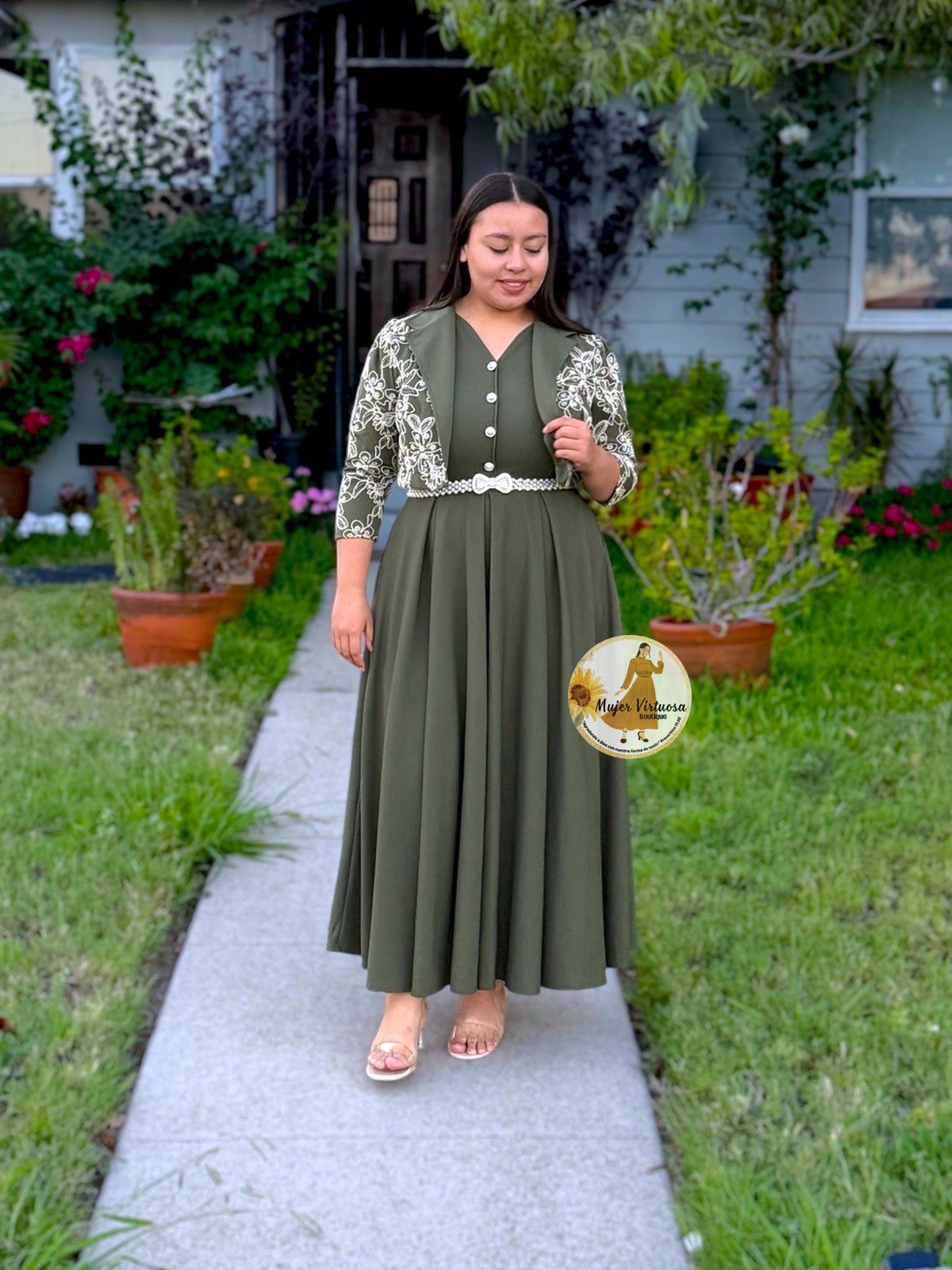 Linda Olive Embroidered Dress