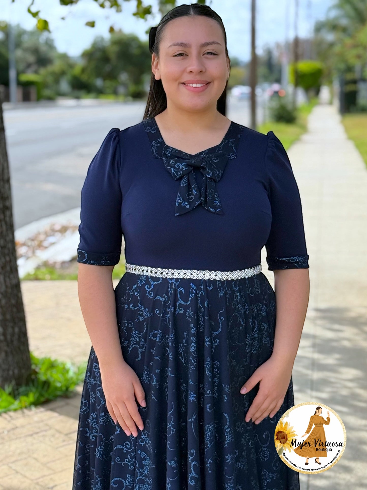 Madelyn Navy Mesh Bow Dress