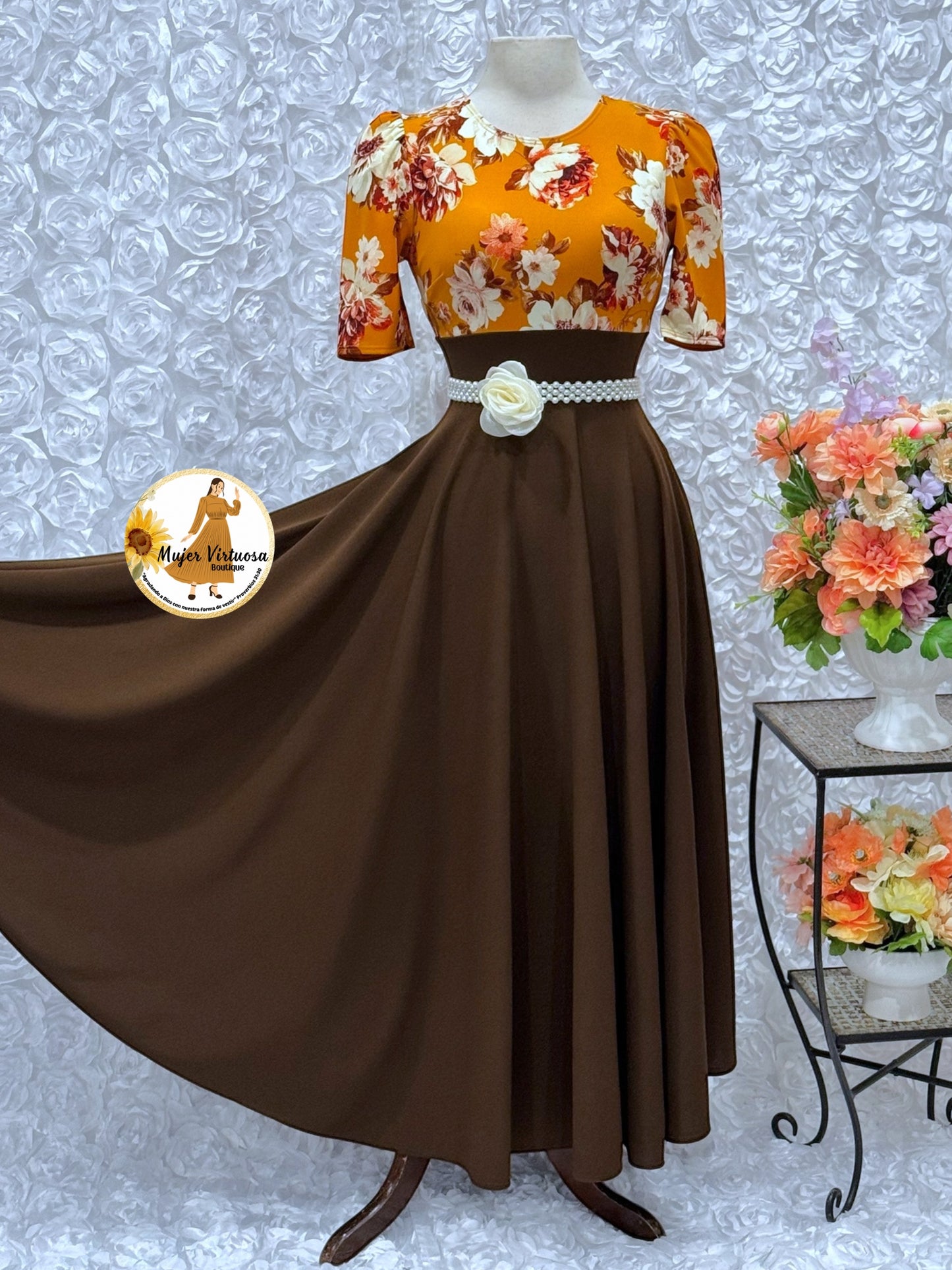 Eliana Mustard & Brown Floral Dress