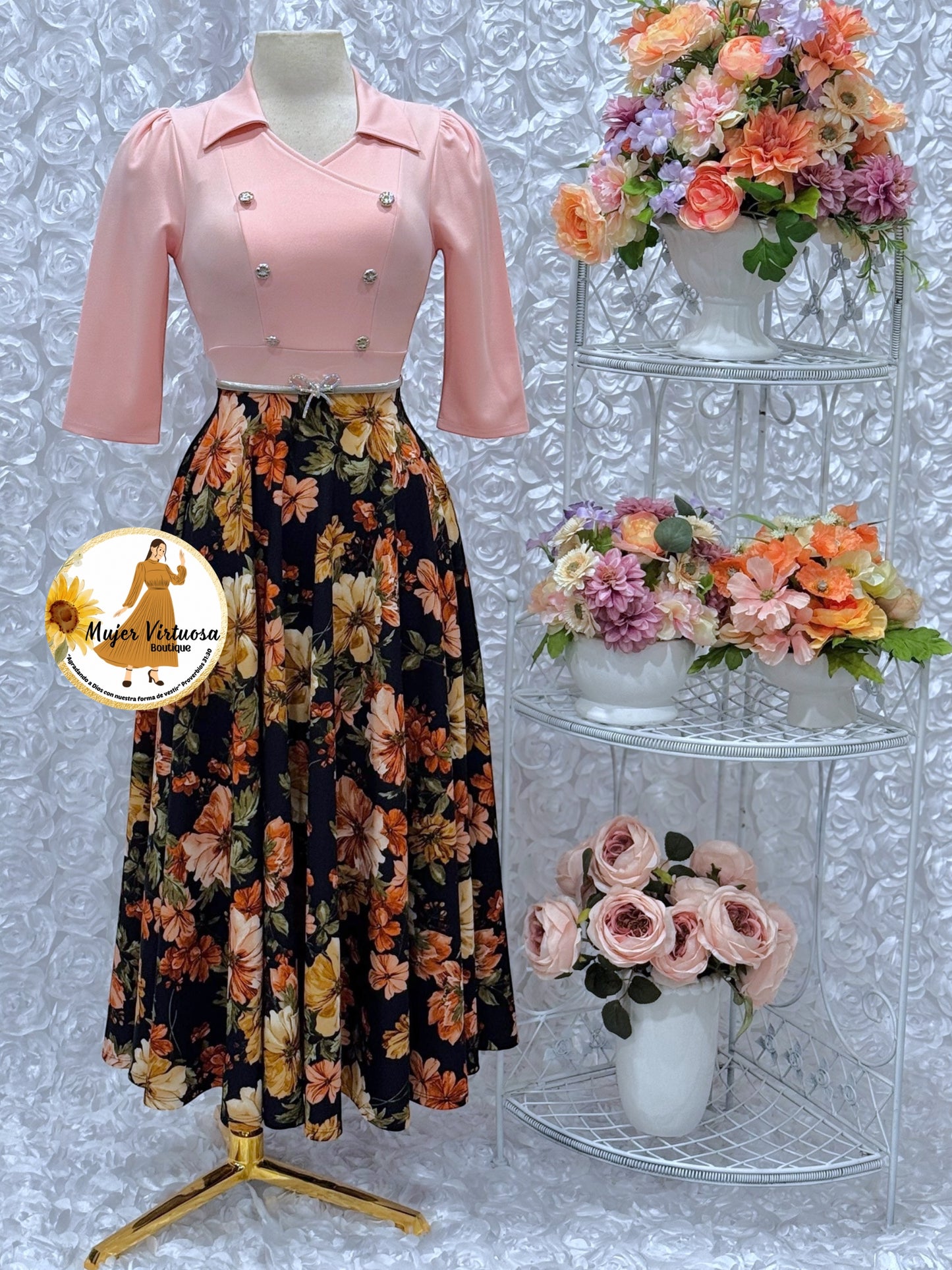 Frida Peach & Navy Floral Dress