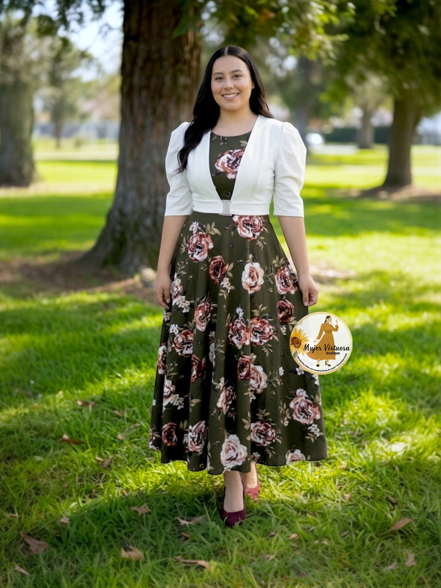 Saori Ivory & Olive Floral Dress