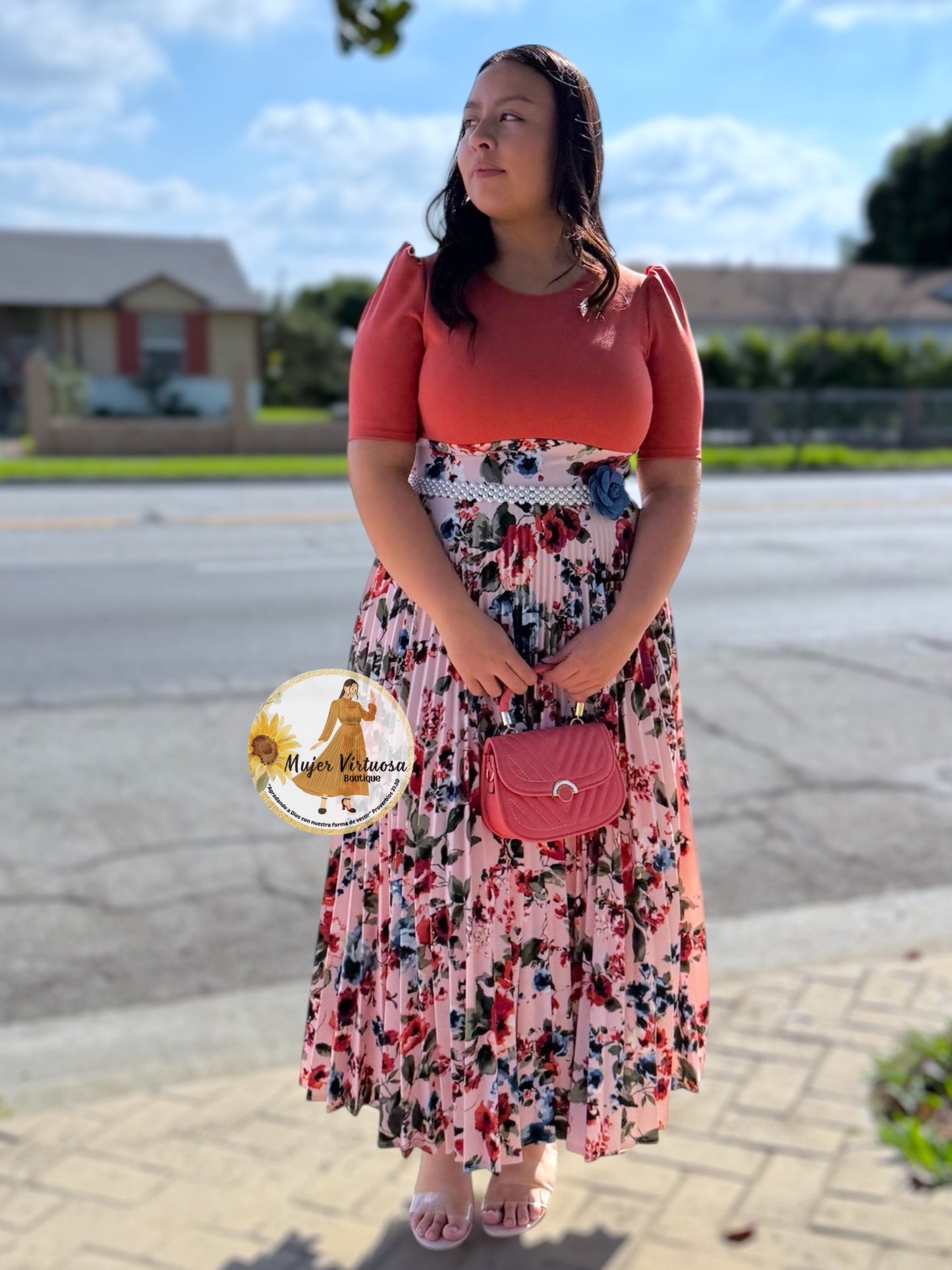 Eliana Rust & Pink Pleated Dress