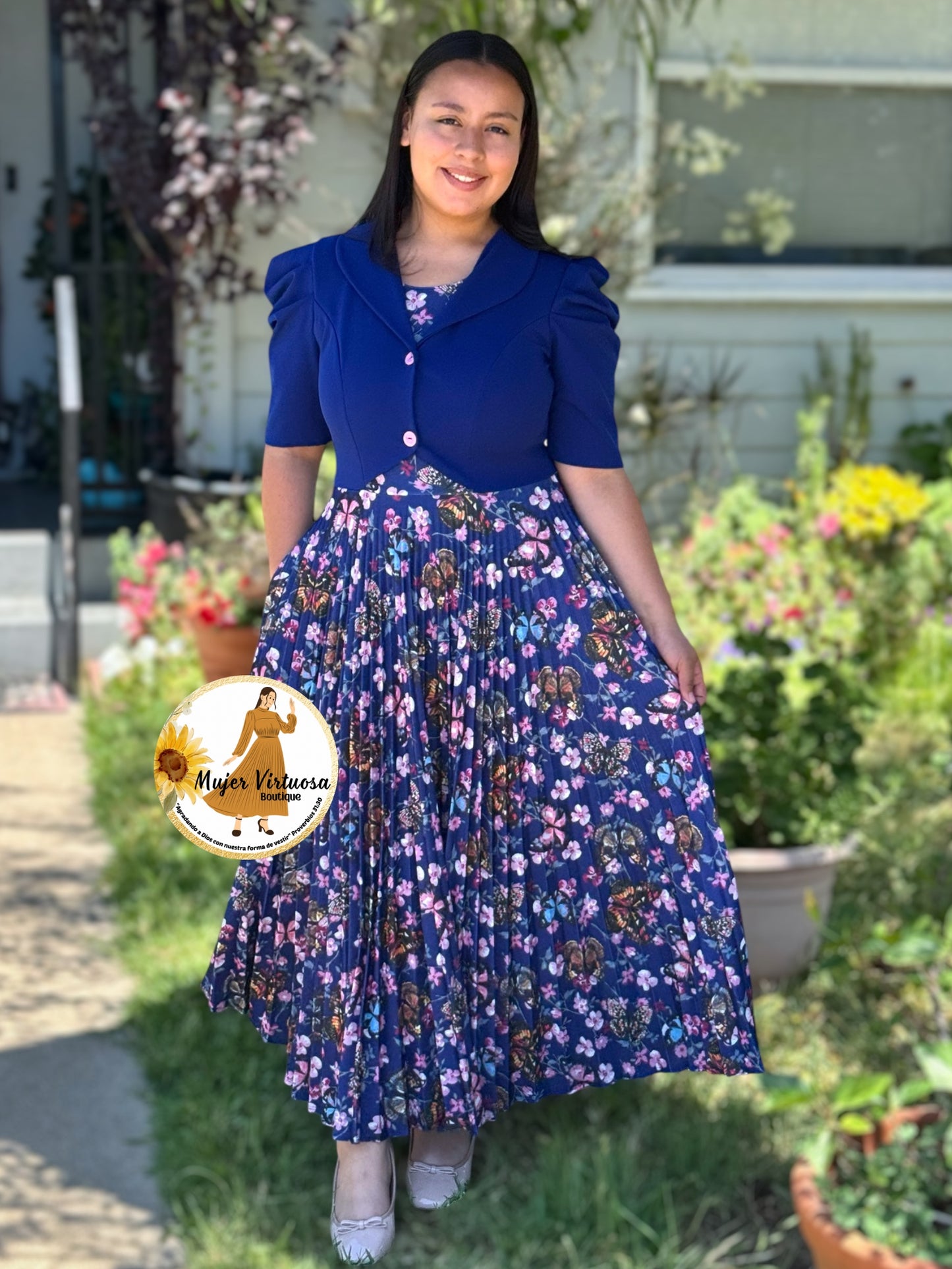 Esther Blue Butterfly Pleated Dress