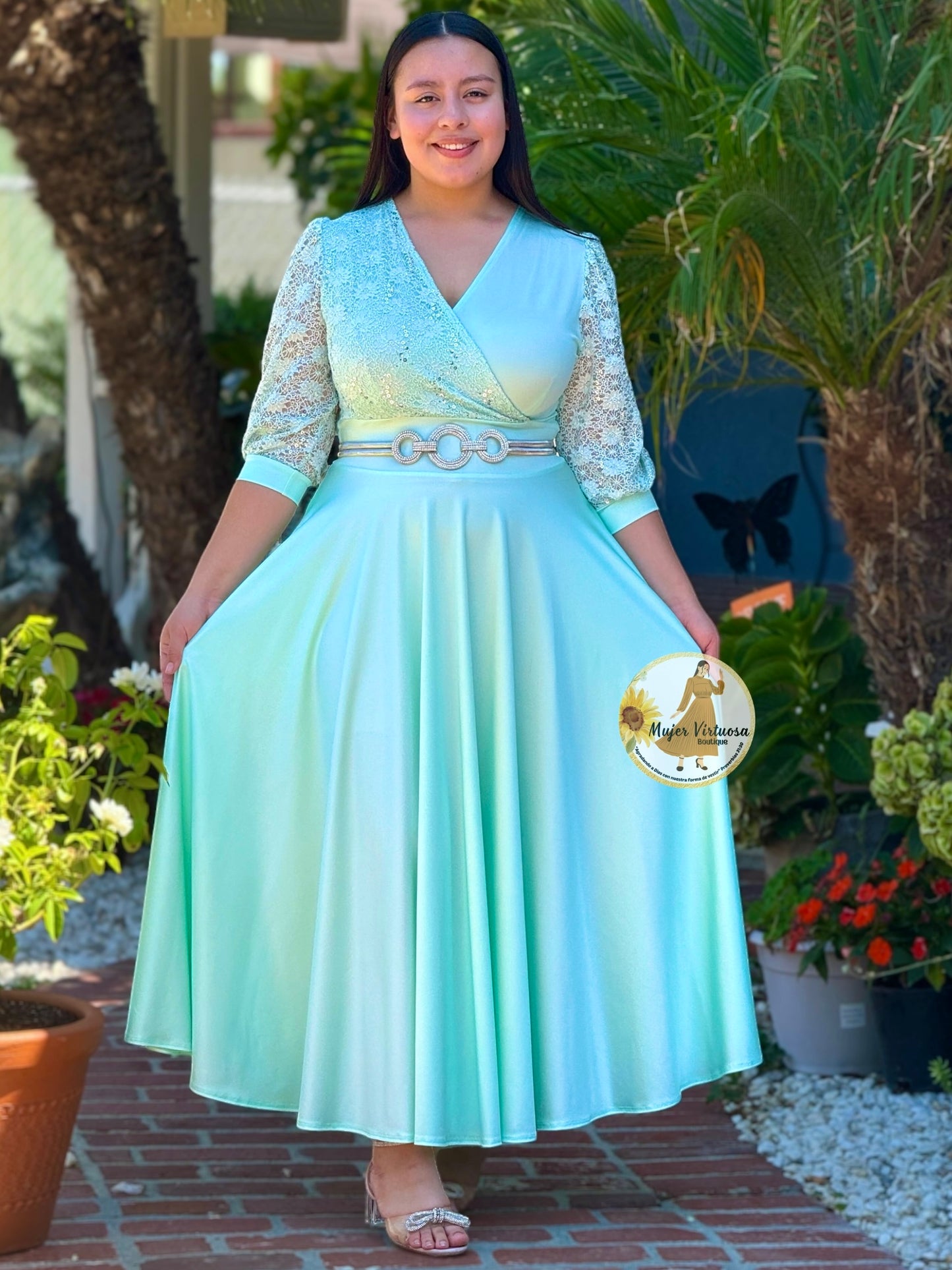 Charlotte Mint Green Satin Elegant Dress