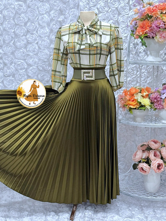 Olive Pleated Satin Skirt