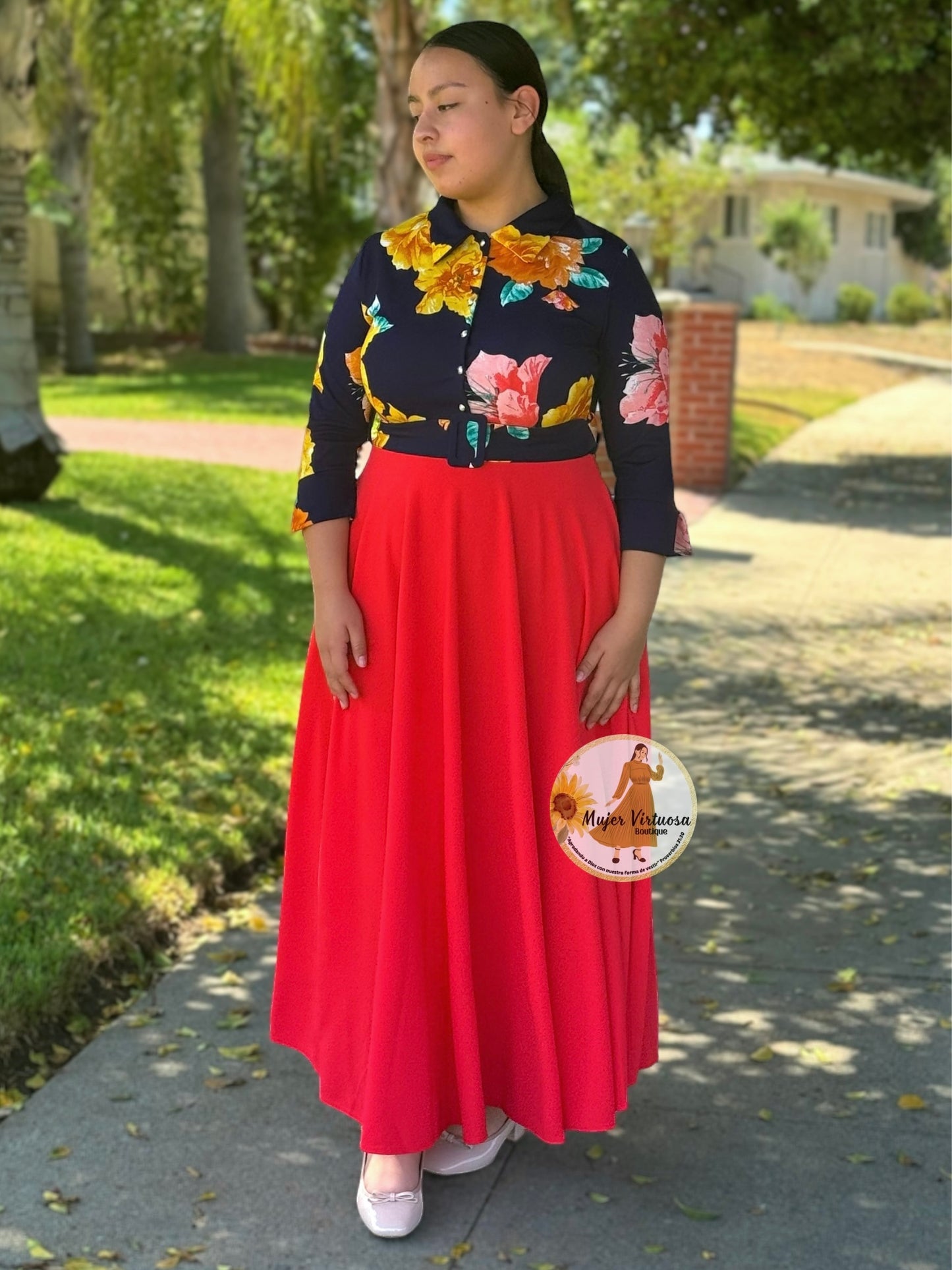 Hadassah Navy & Coral Belted Floral Dress