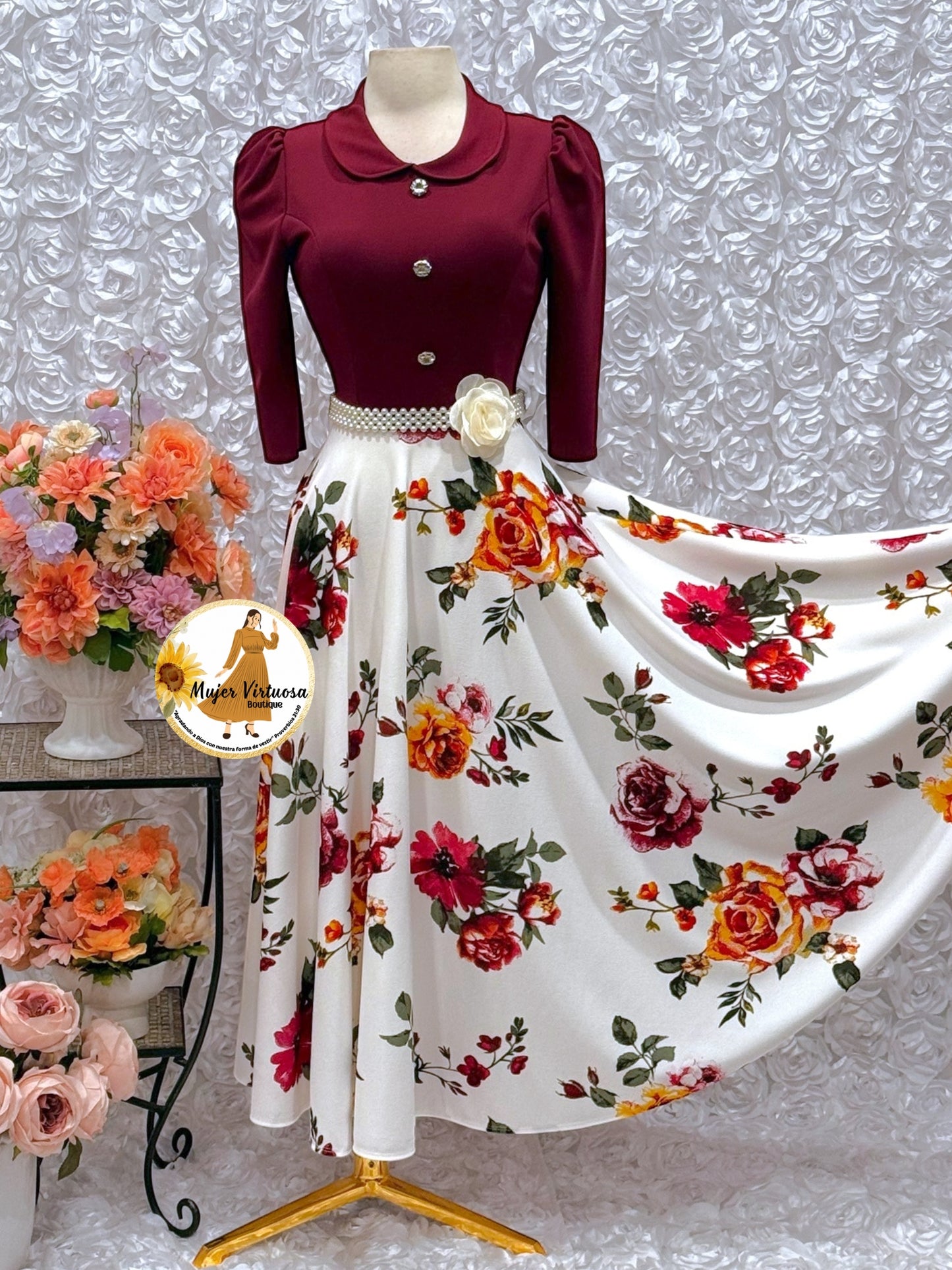 Burgundy/White Floral Dress