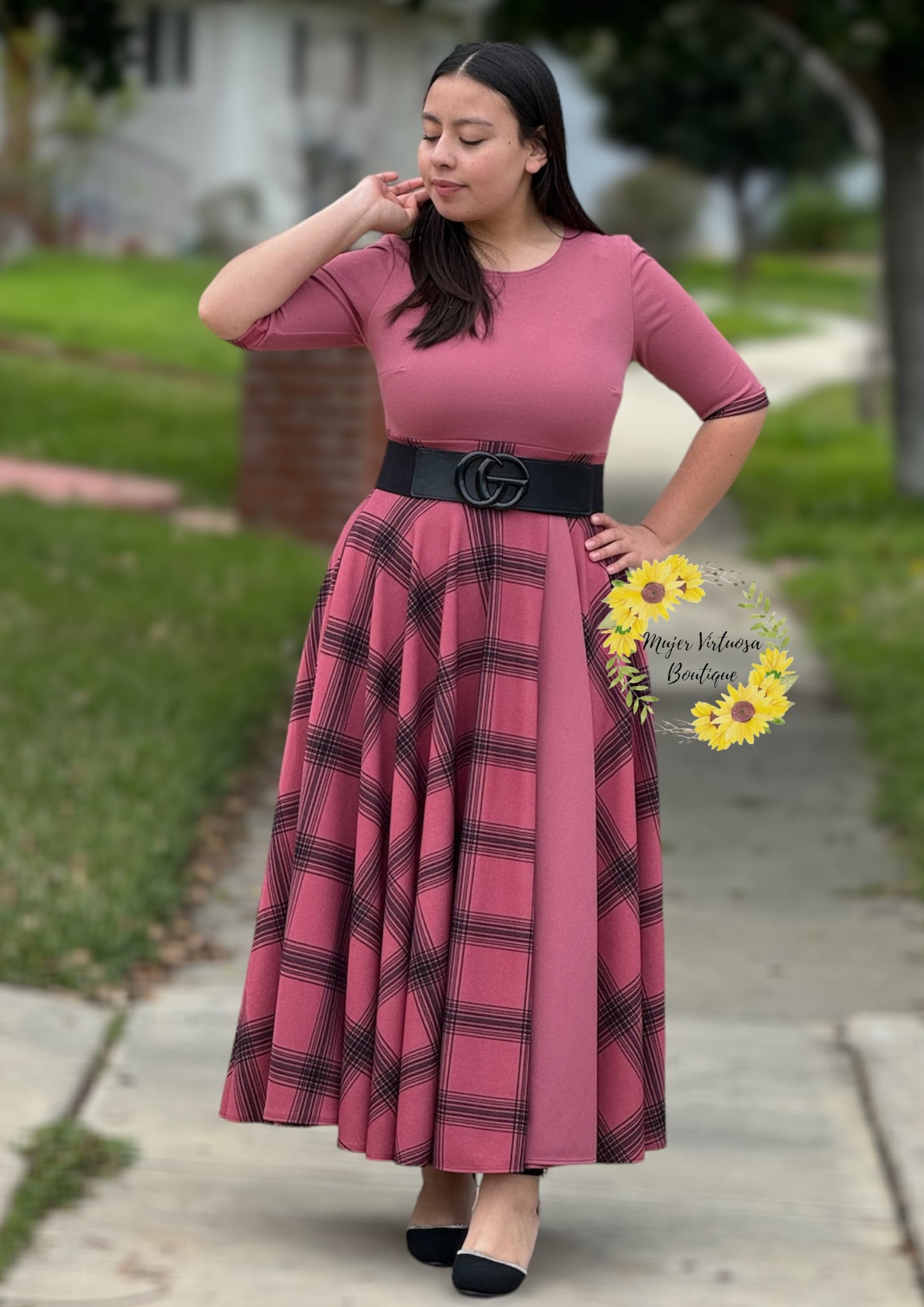 Andrea Mauve Plaid Maxi Dress