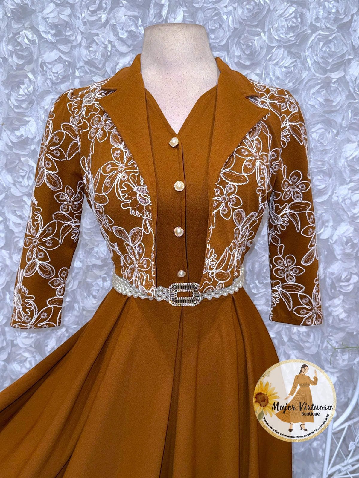 Linda Cognac Embroidered Dress