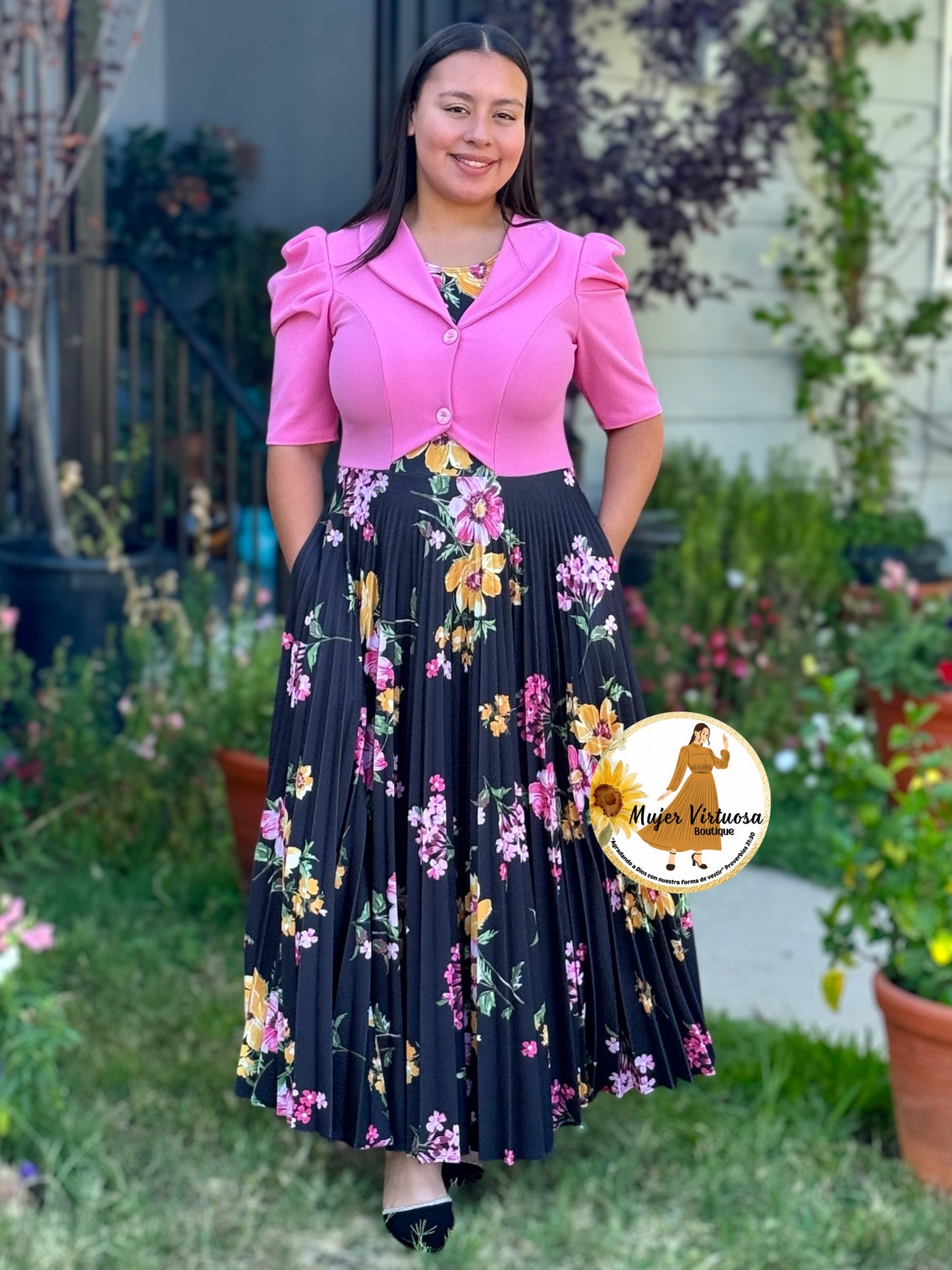 Esther Pink/Black Floral Pleated Dress
