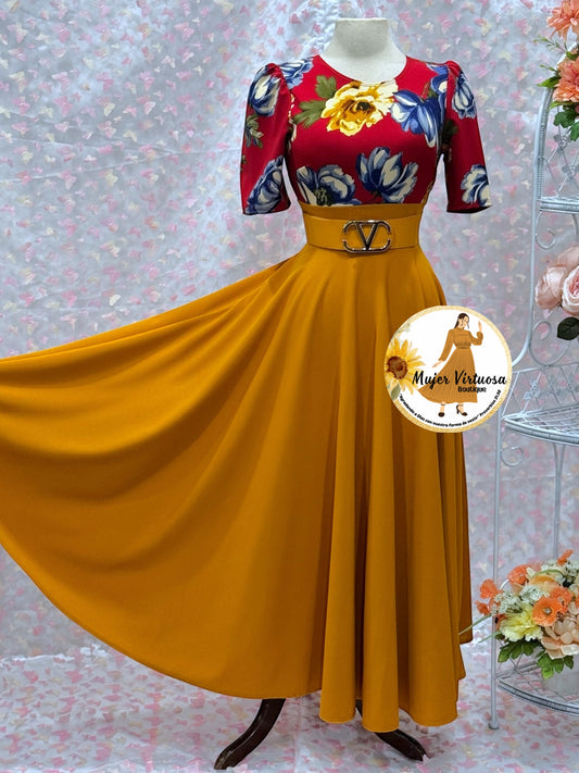 Eliana Wine/Mustard Floral Dress