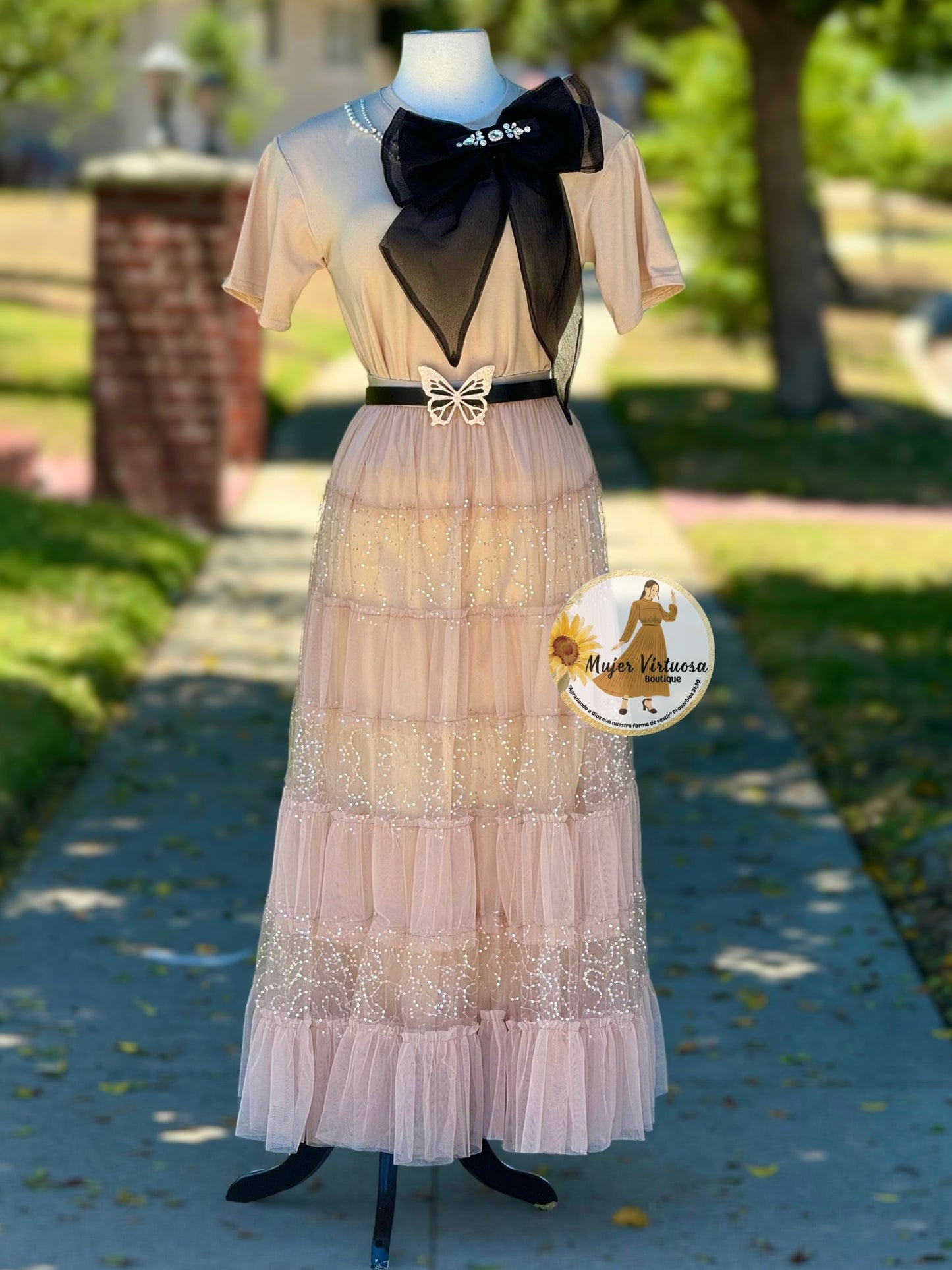 Sequined Beige Tulle Skirt