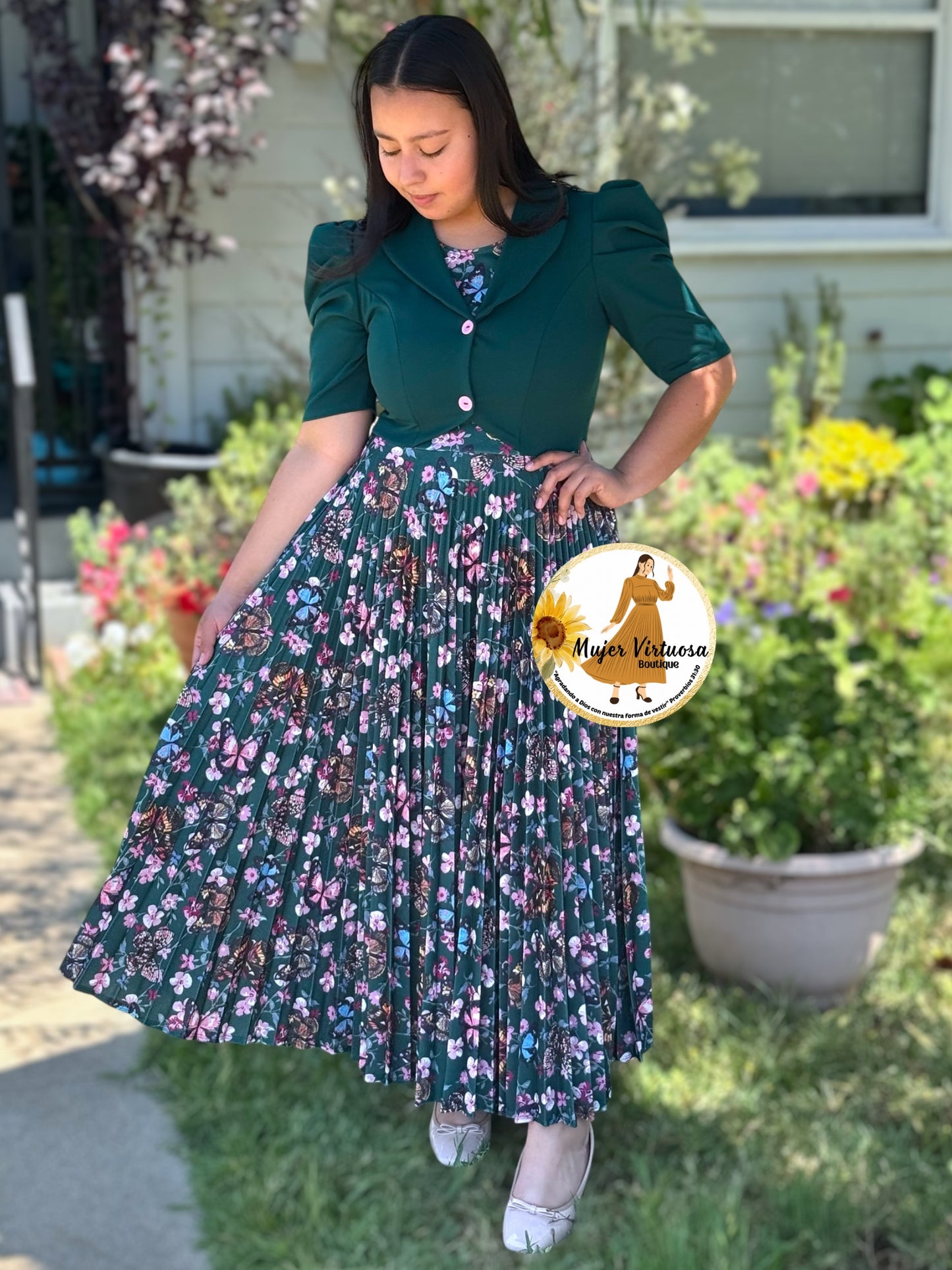 Esther Green Butterfly Pleated Dress