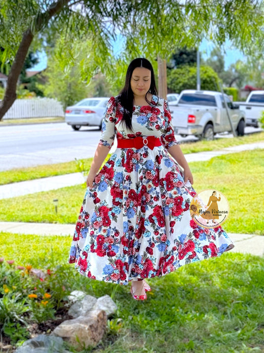 Eunice Ivory & Red Flowers Dress