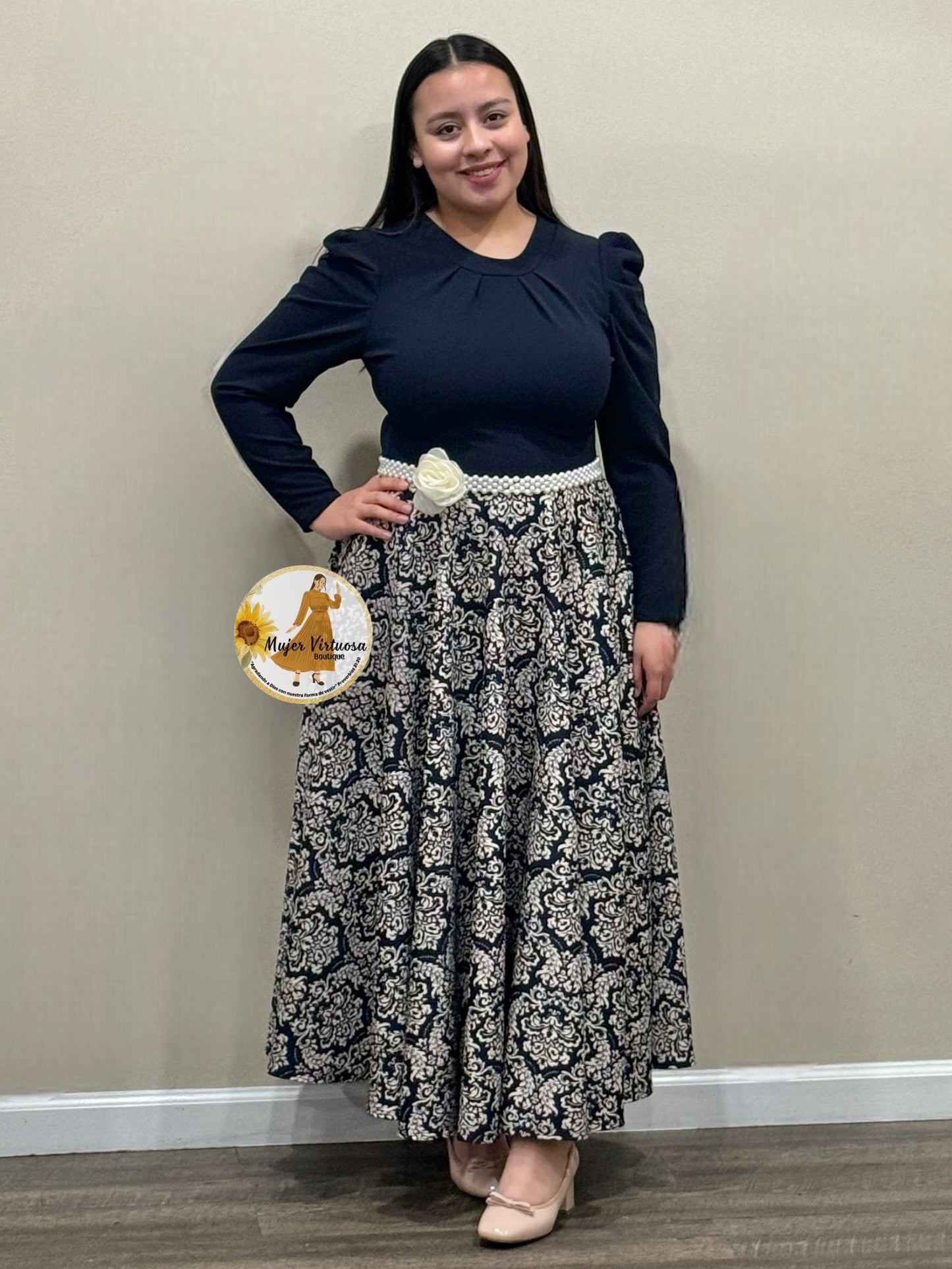 Eloisa Navy & Beige Floral Dress