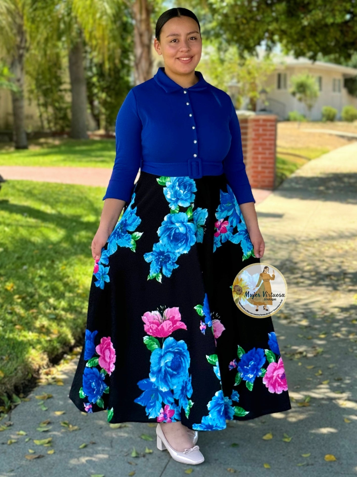 Hadassah Royal & Black Belted Floral Dress