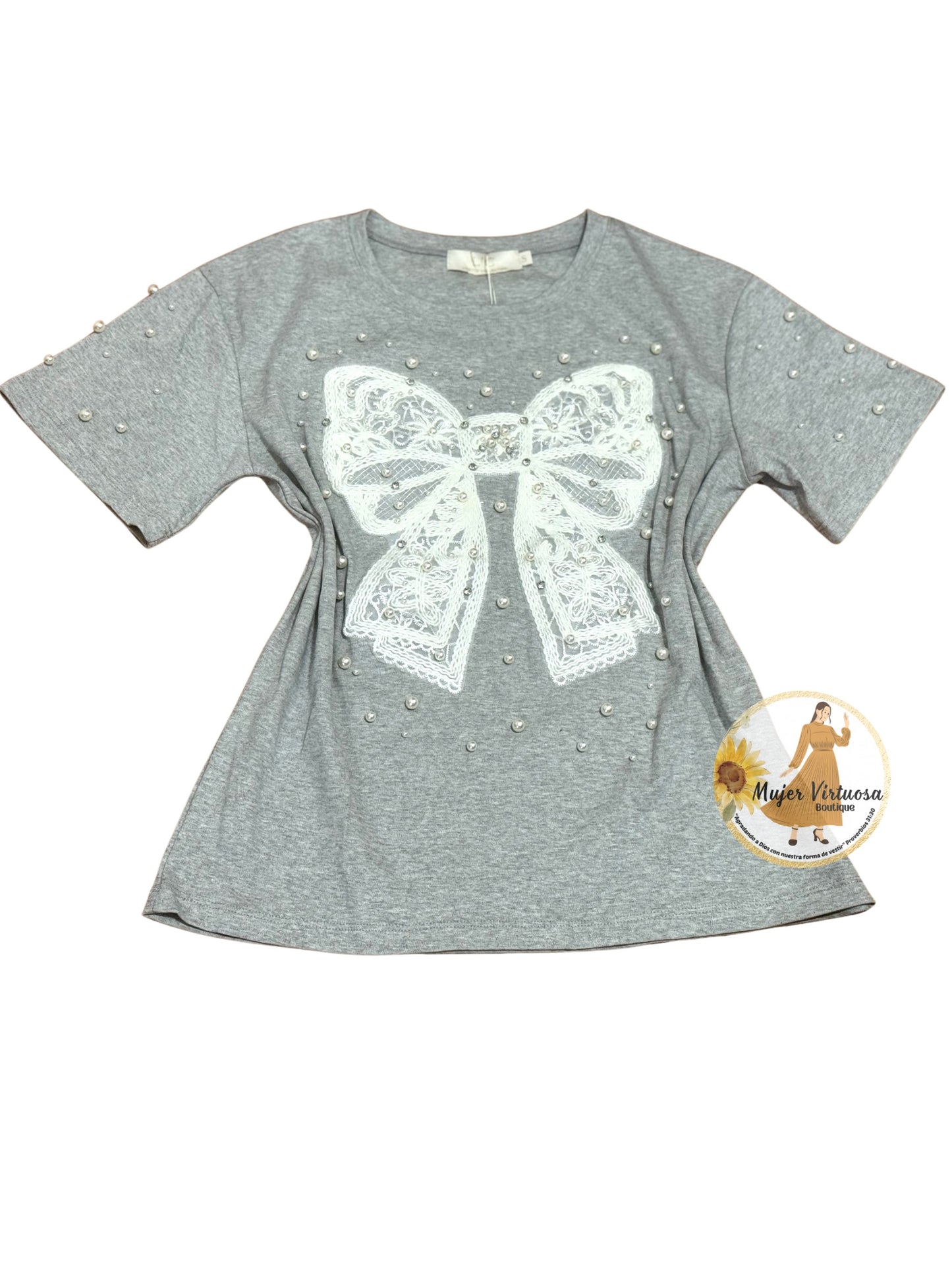 Grey Bow & Pearls Top