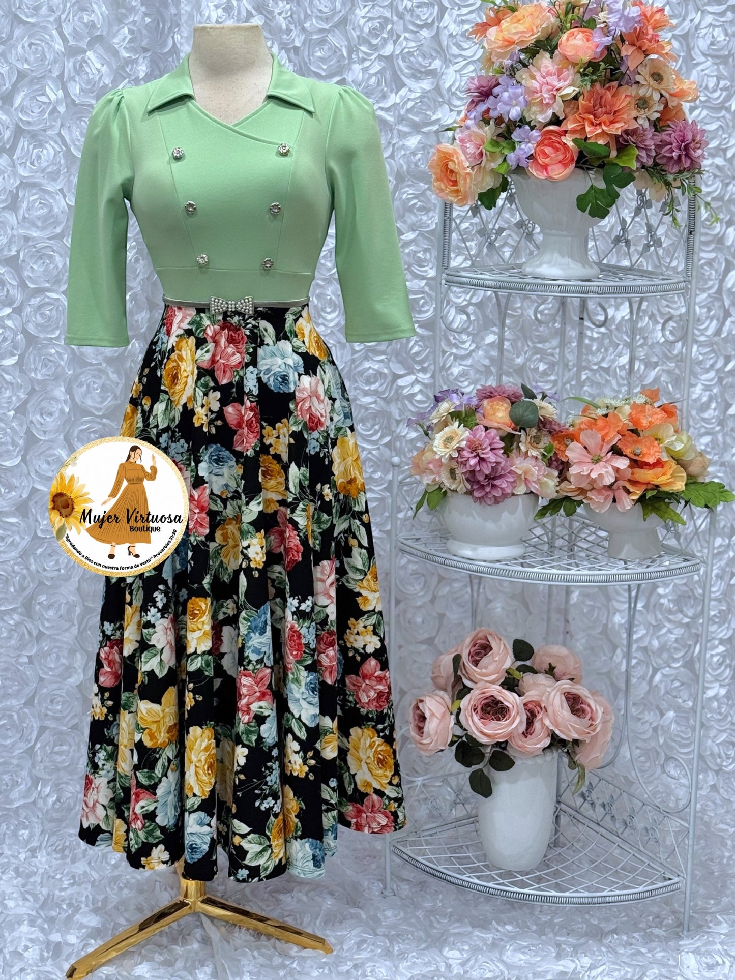 Frida Sage & Black Floral Dress