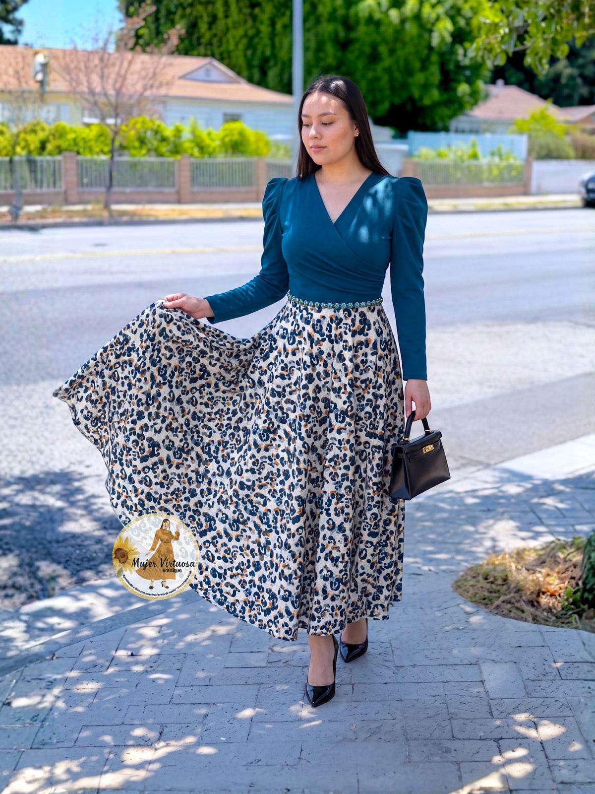 Larissa Teal Animal Print Velvet Dress
