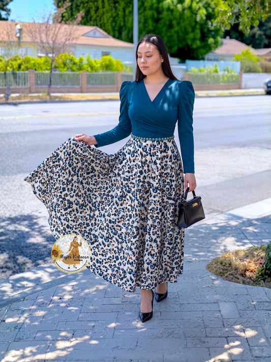 Larissa Teal Animal Print Velvet Dress