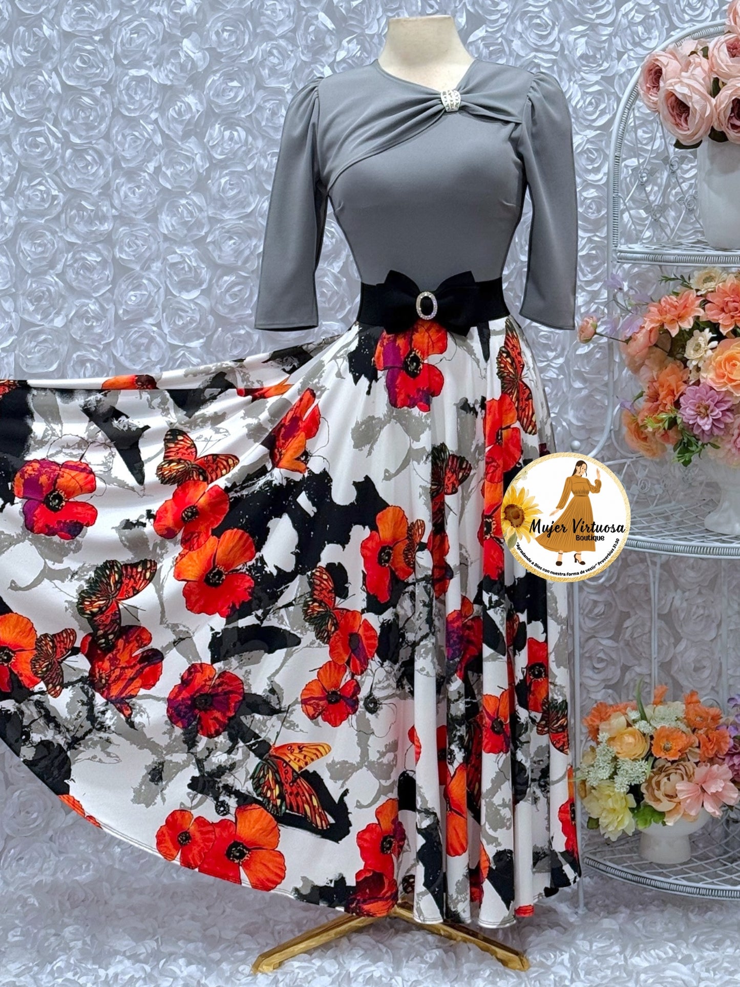 Rosalie Grey/White Floral Dress