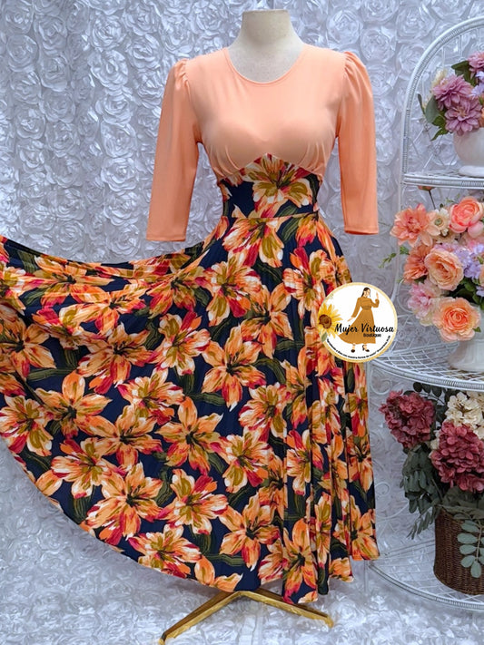 Cristel Melon & Navy Floral Dress