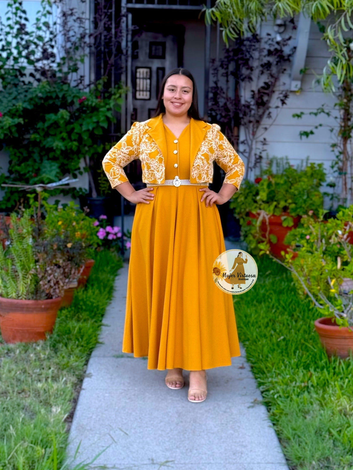 Linda Mustard Embroidered Dress