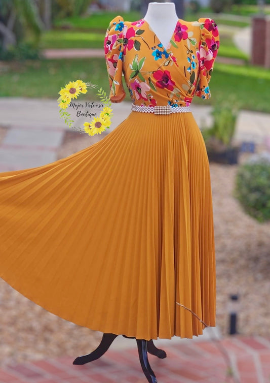 Jessica All Mustard Floral Pleated Dress