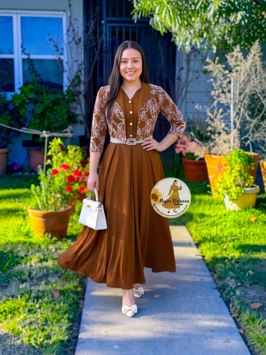 Linda Cognac Embroidered Dress